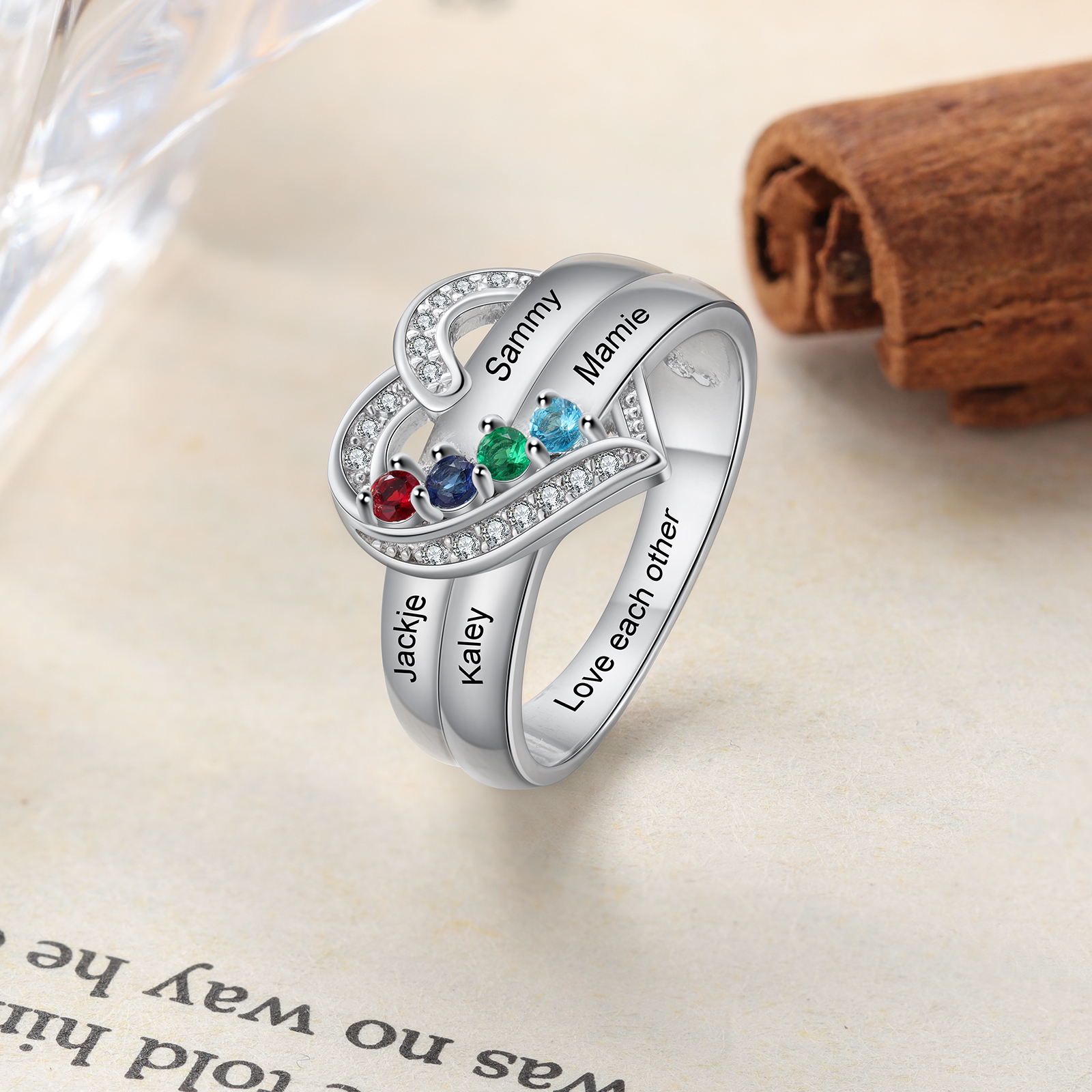 Bague Argent 925 4 Prénom Personnalisé avec 4 Pierre de Naissance