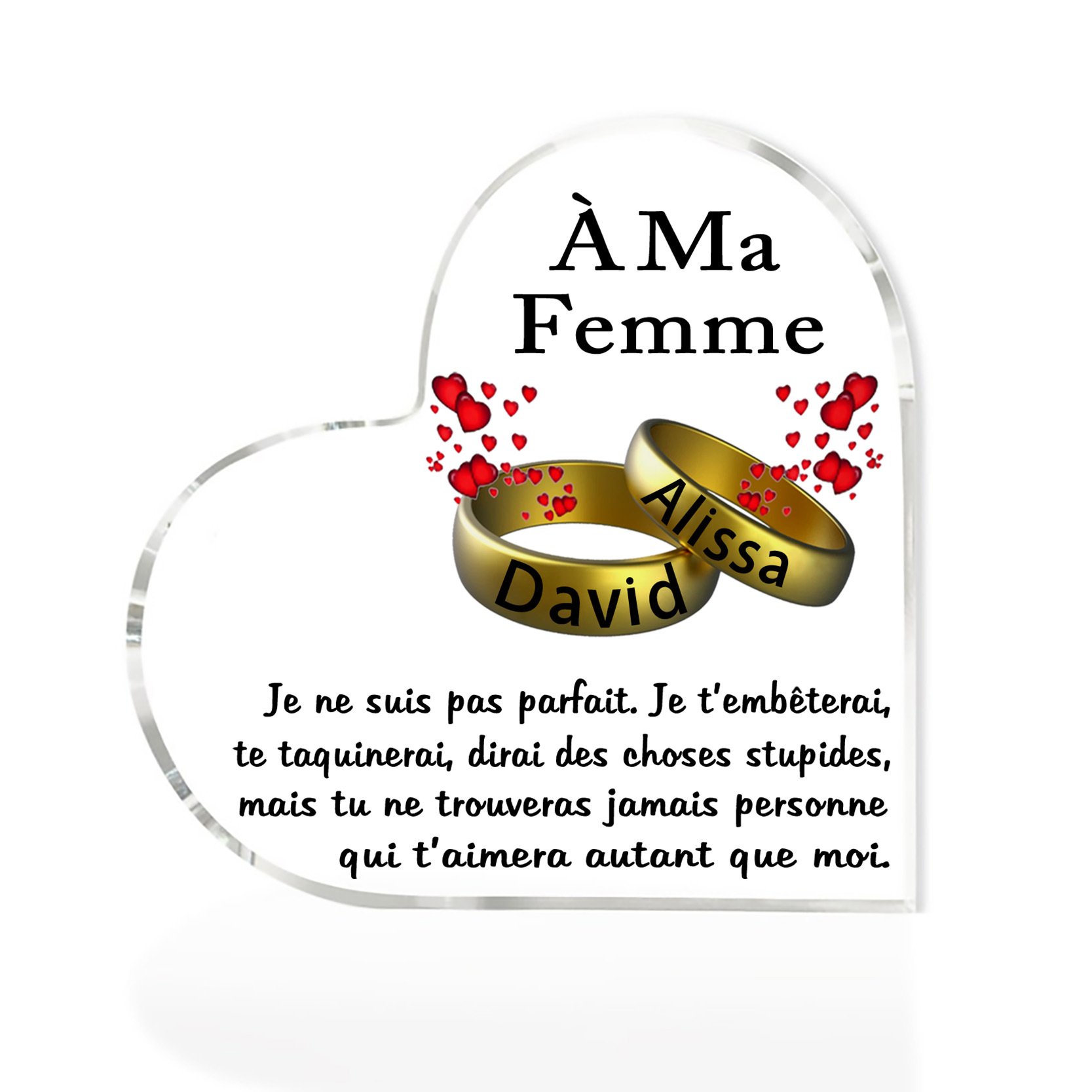 À Ma Femme-Plaque Acrylique en Forme de Cœur 2 Prénoms Personnalisés