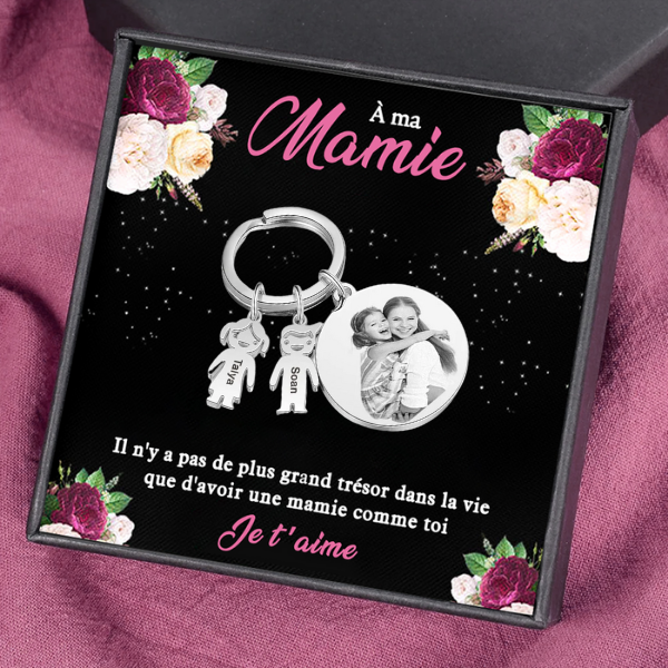 À Ma Mamie-Porte-Clés 2 Prénoms Personnalisé et photo et texte Avec Breloques 2 Enfants
