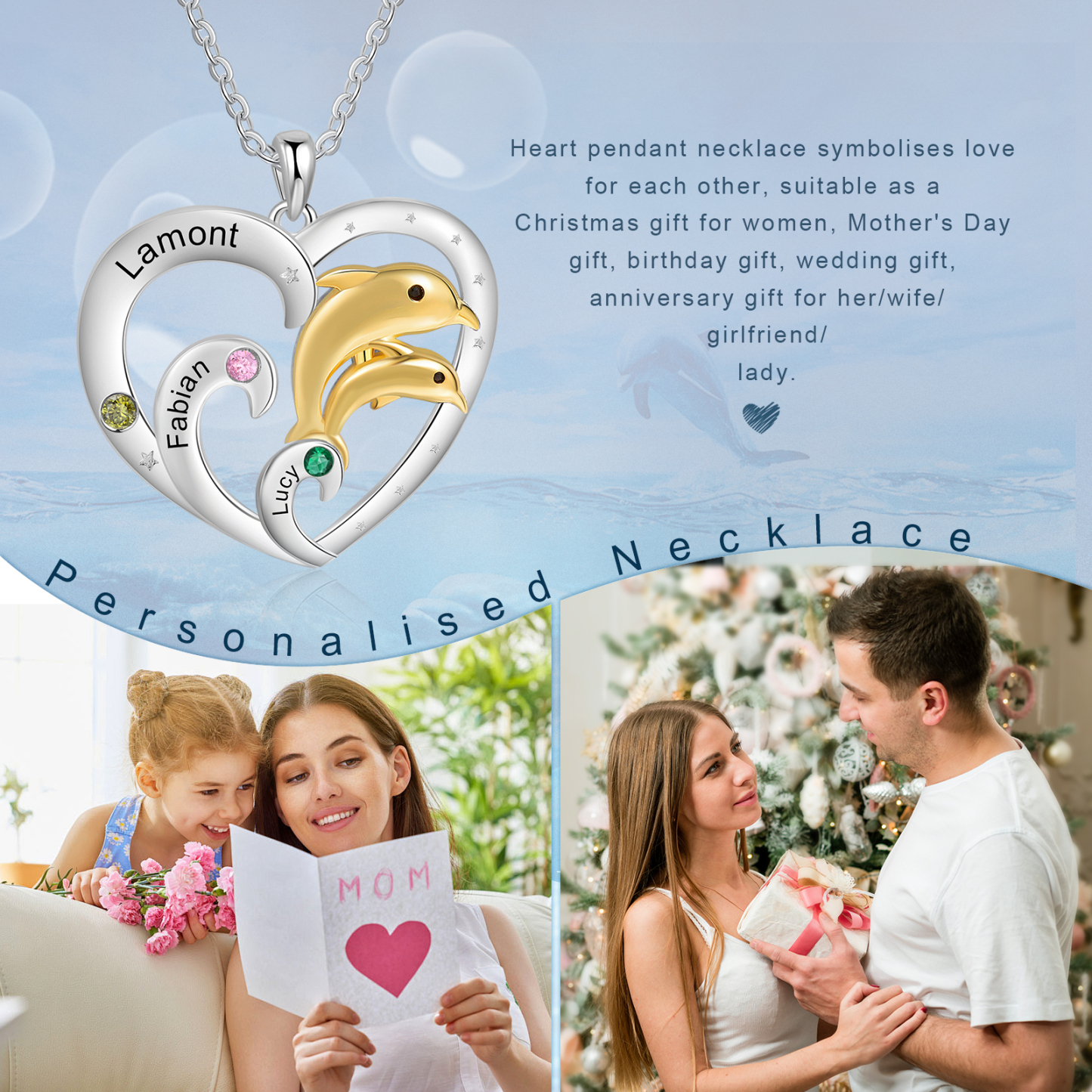 Collier Coeur et Dauphin Pendentif 3 Prénoms Personnalisés avec 3 Pierres de Naissance|Jessemade
