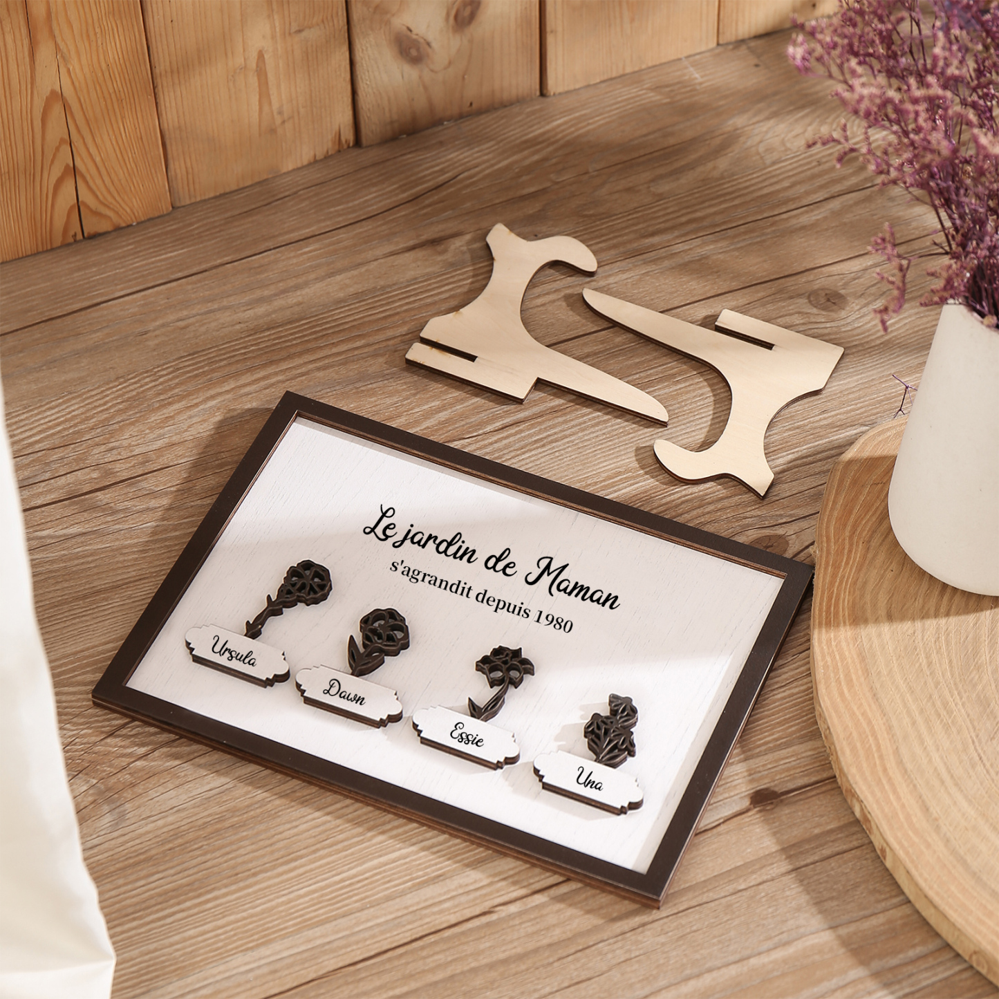 À ma Maman - Décoration en bois Fleurs 4 Prénoms Personnalisés avec Fleurs de naissance Ornement pour Famille