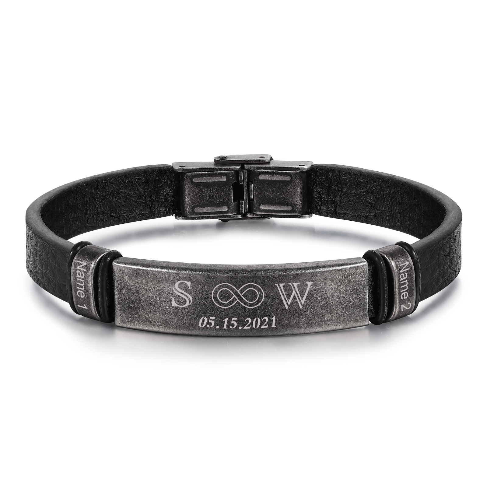 À Mon Chéri - Bracelet Initiale en Cuir 2 Prénoms et Lettre Personnalisés avec Date pour Homme｜Jessemade