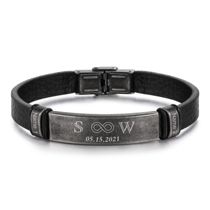 À Mon Chéri - Bracelet Initiale en Cuir 2 Prénoms et Lettre Personnalisés avec Date pour Homme｜Jessemade