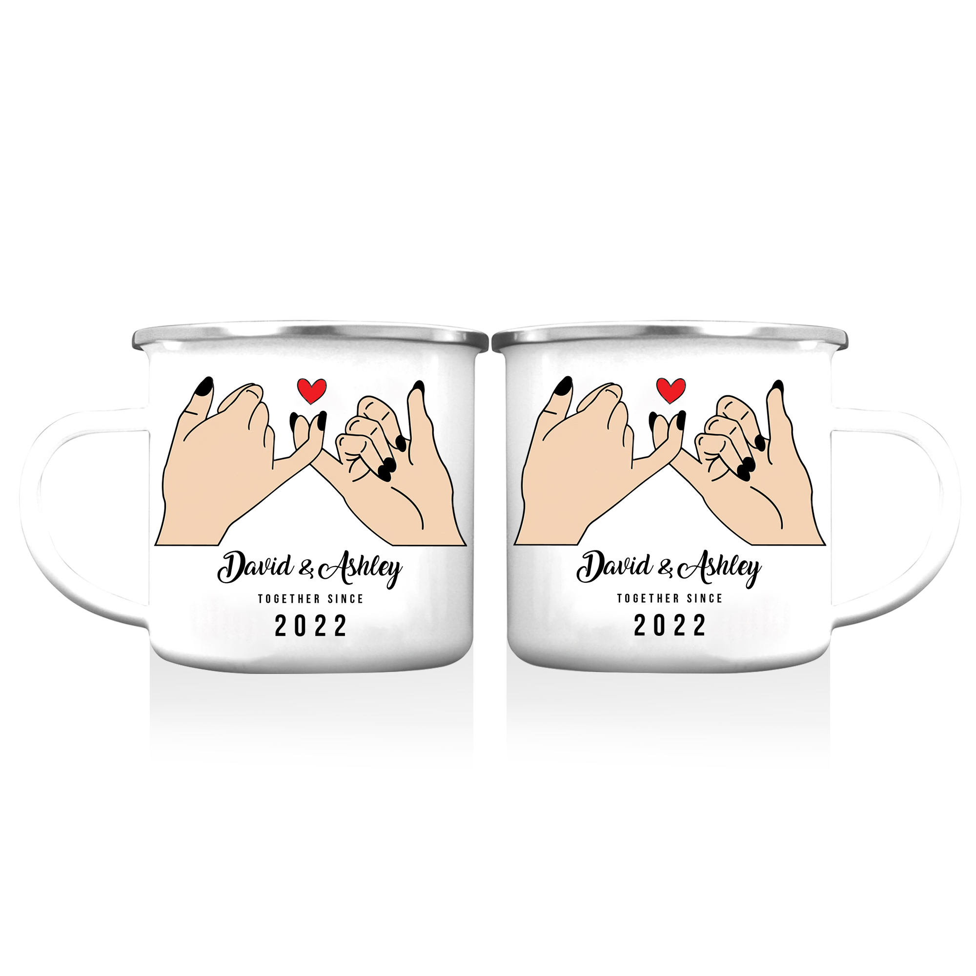 Tasse émaillée 2 Prénoms Personnalisés avec Texte et Année pour Couple promesse du petit doigt