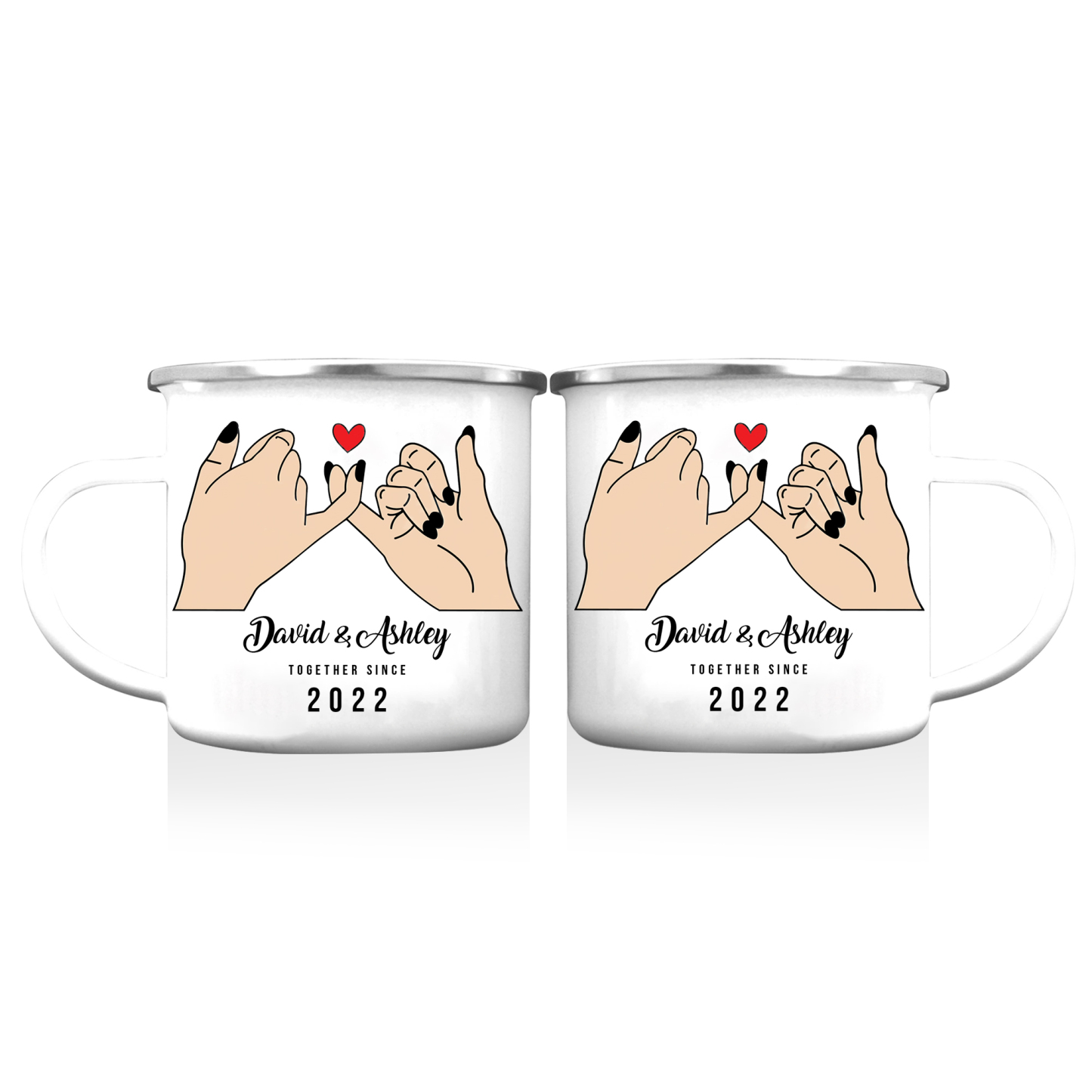 Tasse émaillée 2 Prénoms Personnalisés avec Texte et Année pour Couple promesse du petit doigt