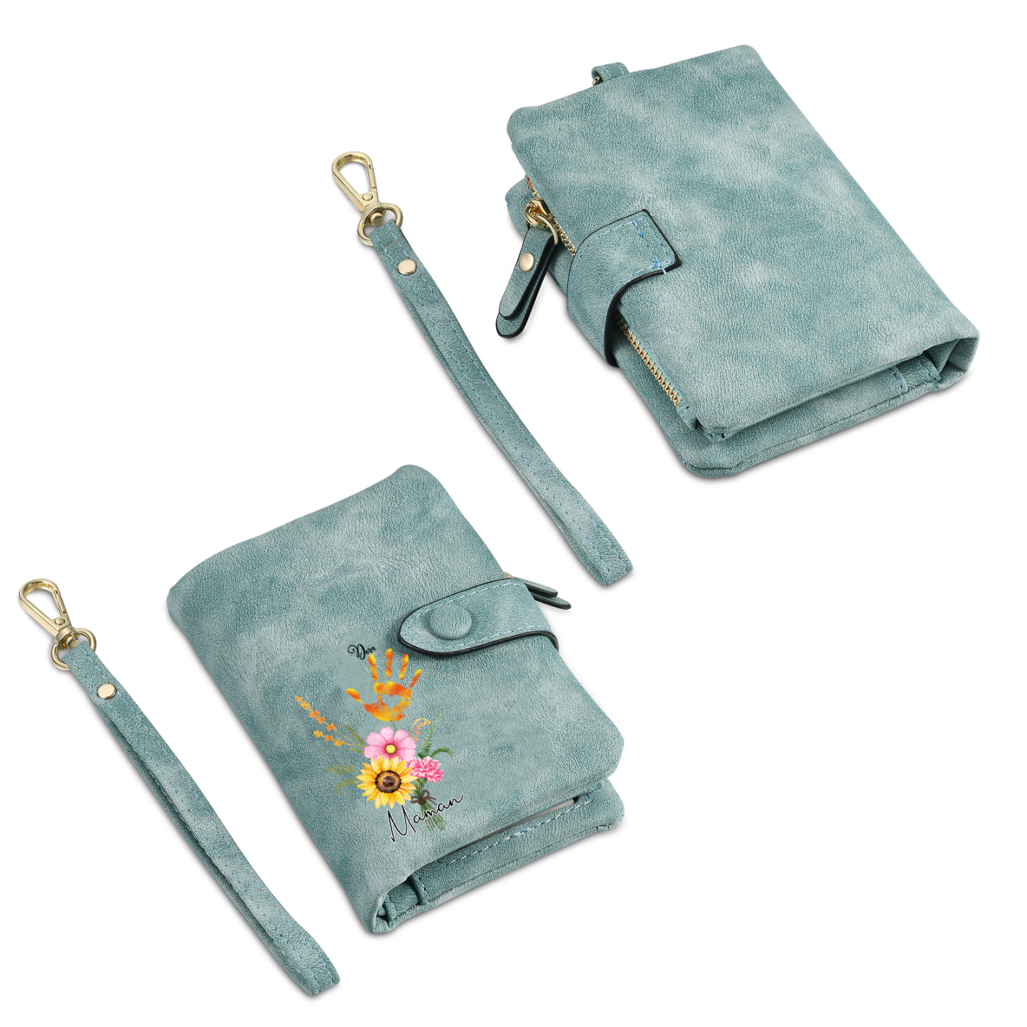 Portefeuille Fleurs 1 Prénom et 1 Texte Personnalisés Porte-Monnaie Carte pour Femmes