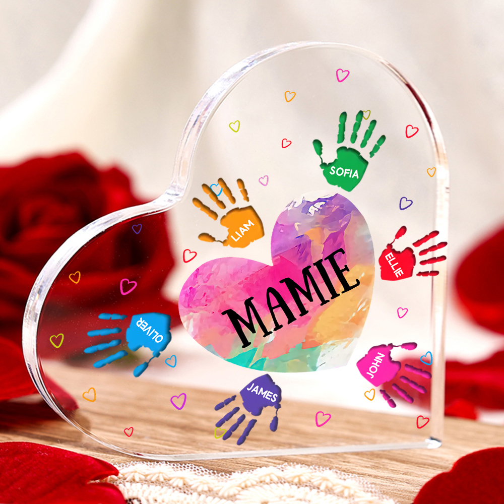 À ma Maman/Mamie - Plaque Acrylique Mains et Enfants en Forme de Cœur 7 Prénoms Personnalisés