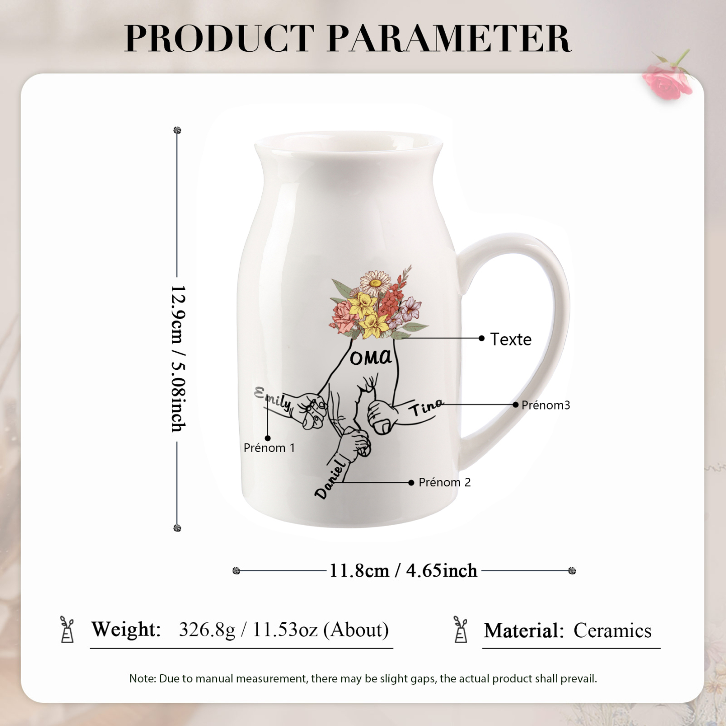 Vase à Fleurs la main dans la main 3 Prénoms Personnalisés avec Texte Décoration de la Maison