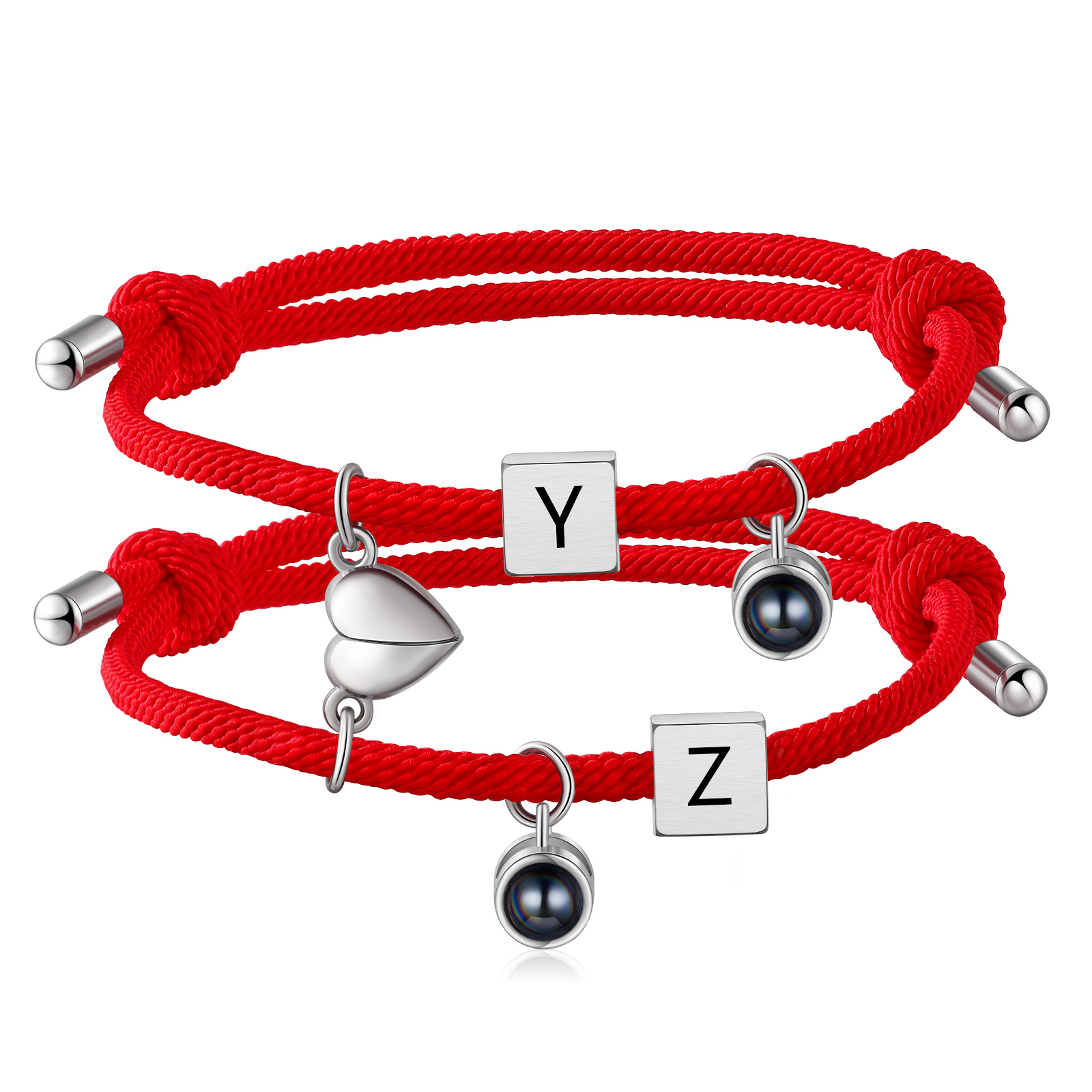 2PCS Bracelets Projection de Pierres 2 Lettres et 1 Photo Personnalisés Bracelets magnétiques pour Couple