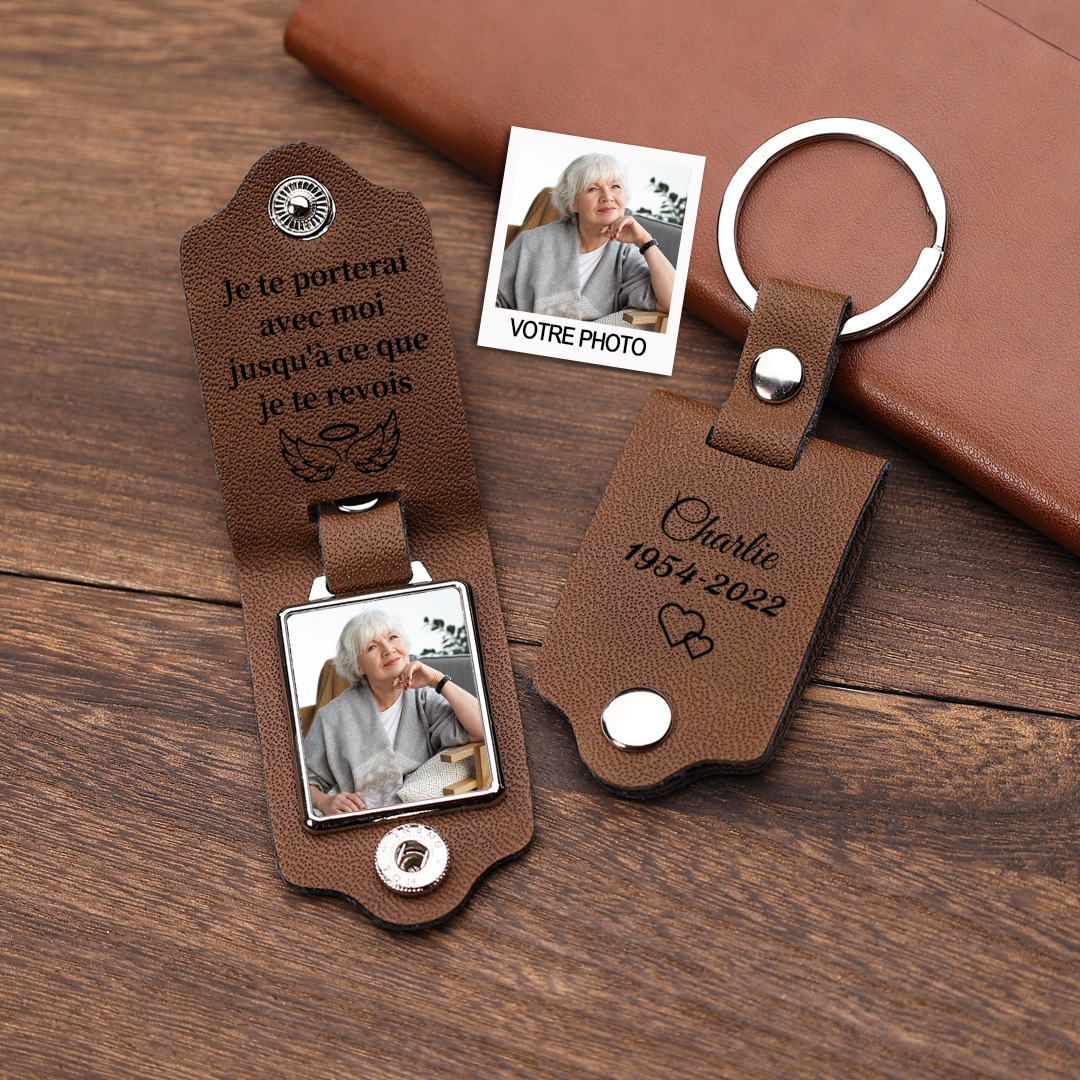 Porte-Clés commémoratif en Cuir 1 Prénom et Photo Personnalisés Avec Date