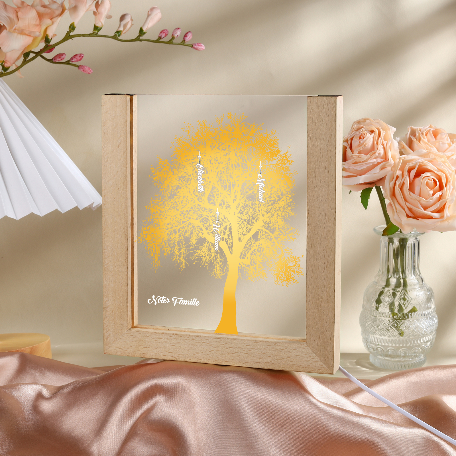 À Maman/Mamie - Lampe de chevet LED Arbre 3 Prénoms Personnalisés avec 1 Texte