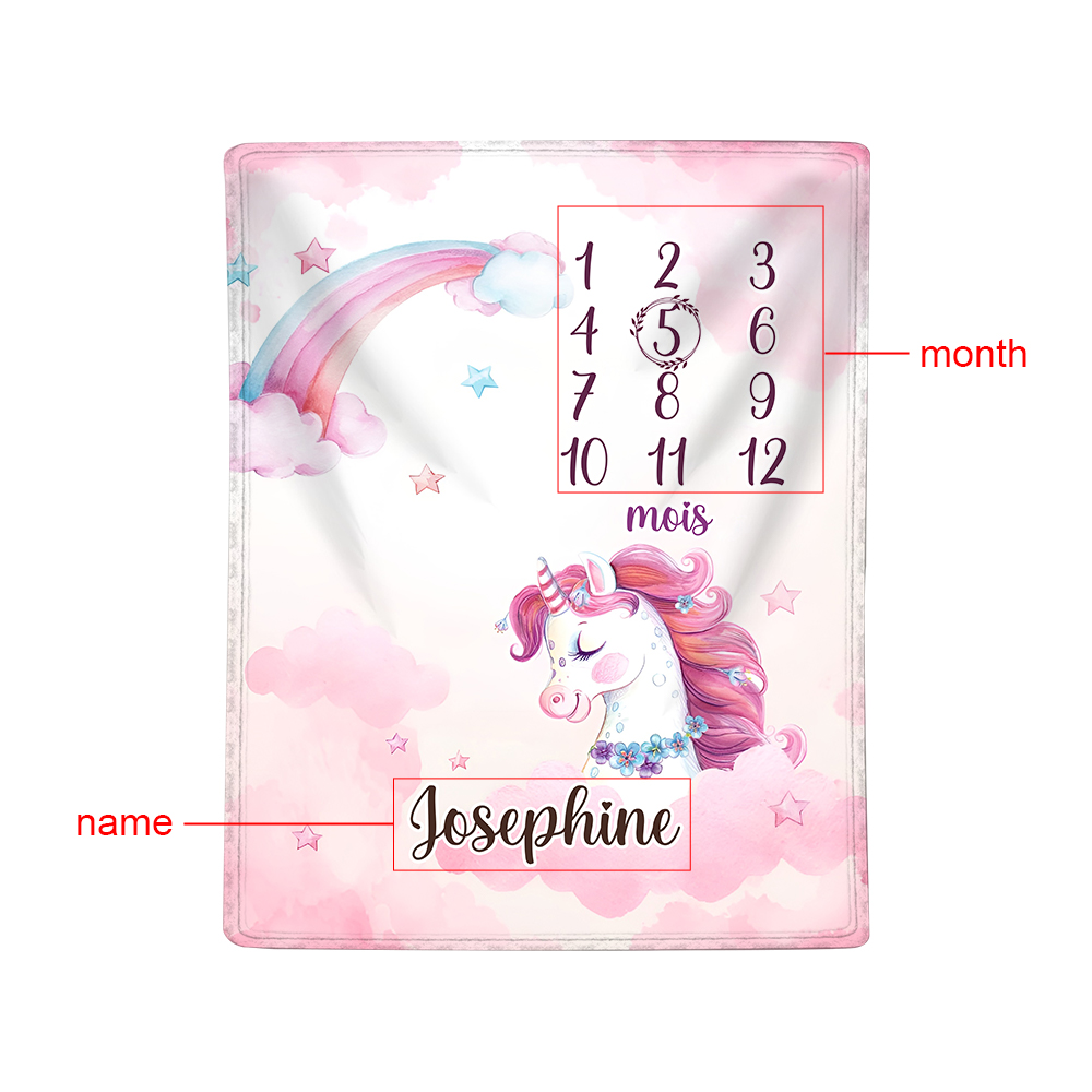 Couverture Plaids Polaire mensuelle Licorne 1 Prénom et Mois Personnalisés pour Bébé cadeau personnalise bebe 1 an | Jessemade