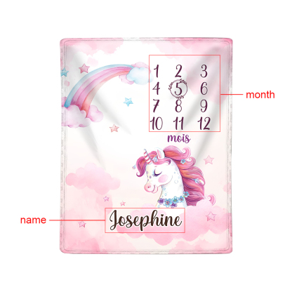 Couverture Plaids Polaire mensuelle Licorne 1 Prénom et Mois Personnalisés pour Bébé cadeau personnalise bebe 1 an | Jessemade