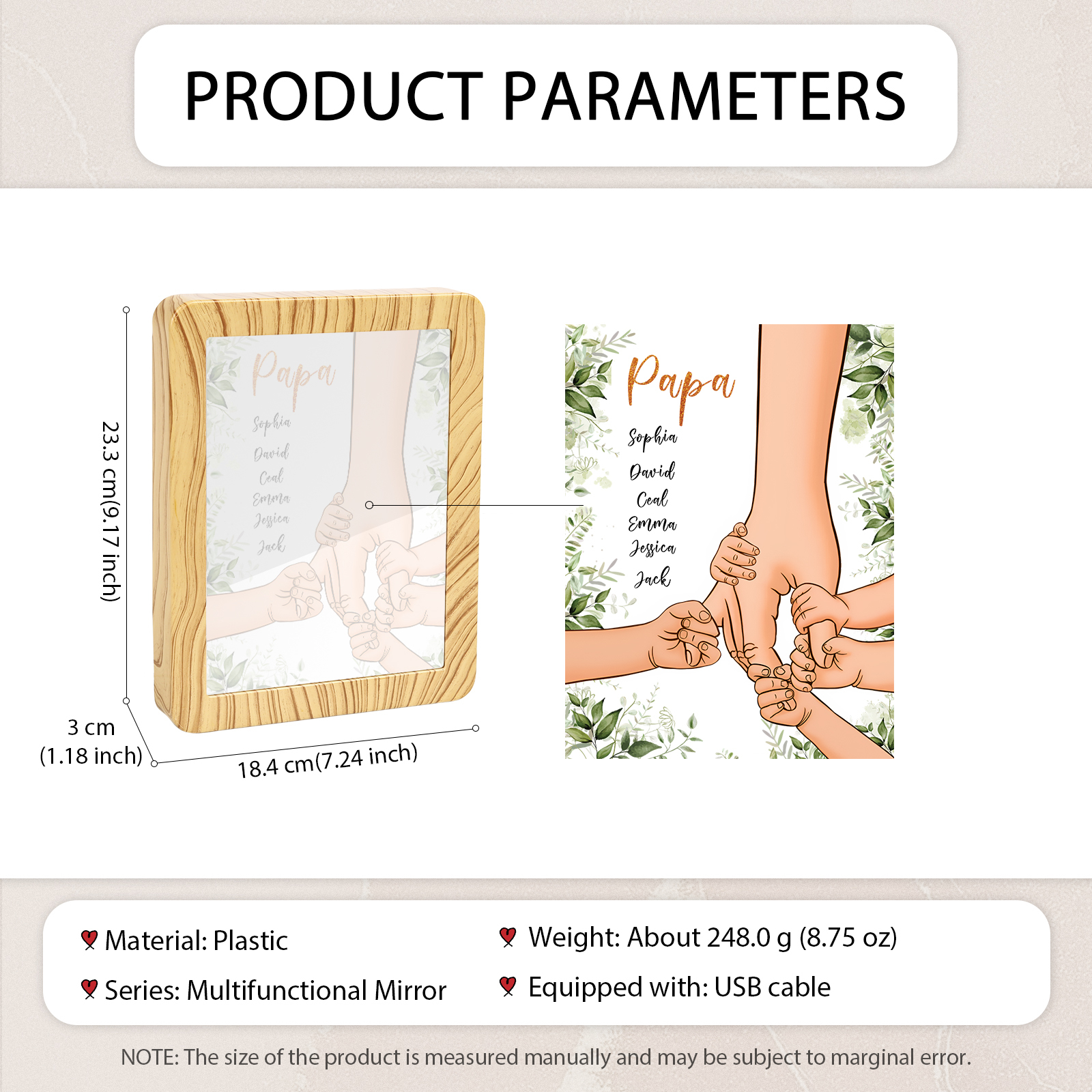 Lampe LED/Cadre Photo/Miroir multifonctionnel la main dans la main 6 Prénoms et 1 Tetxe Personnalisés Cadeau Créatif pour Famille