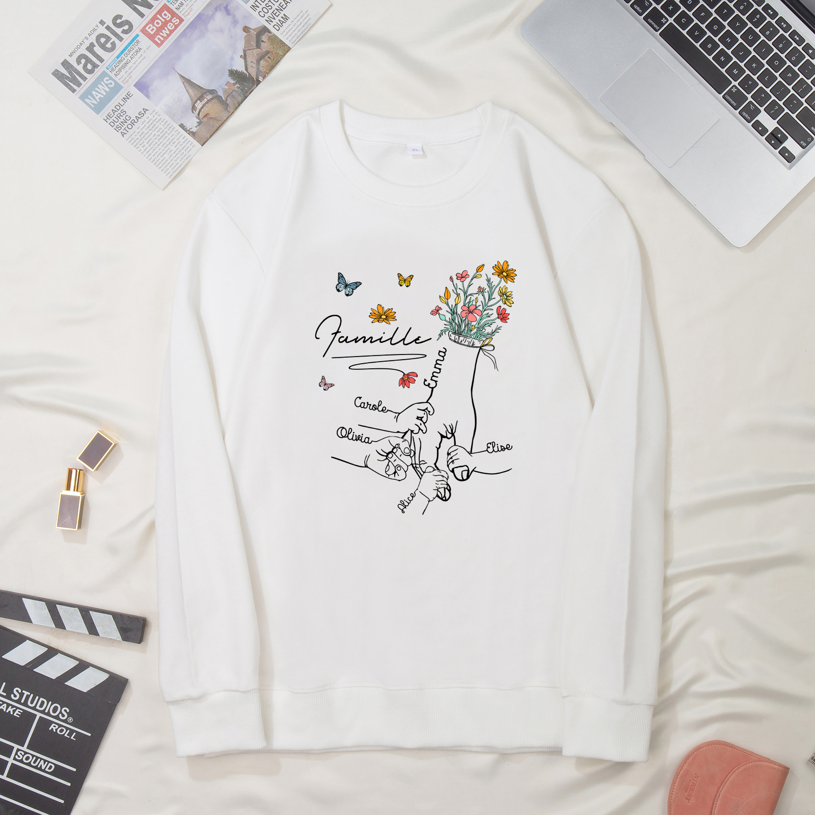 Sweat-Shirt la main dans la main 5 Prénoms Personnalisés avec Texte