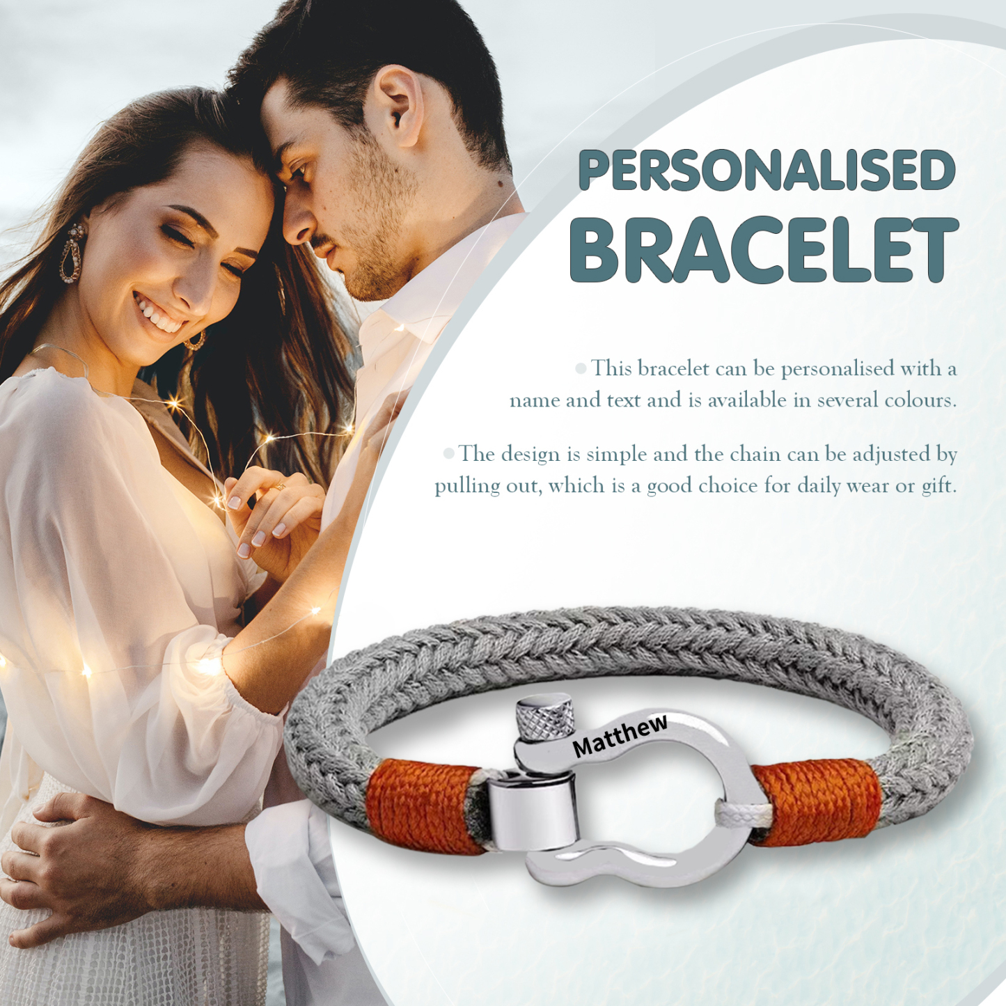 Bracelet Corde tressée 1 Prénom Personnalisé Boucle en fer à cheval pour Homme