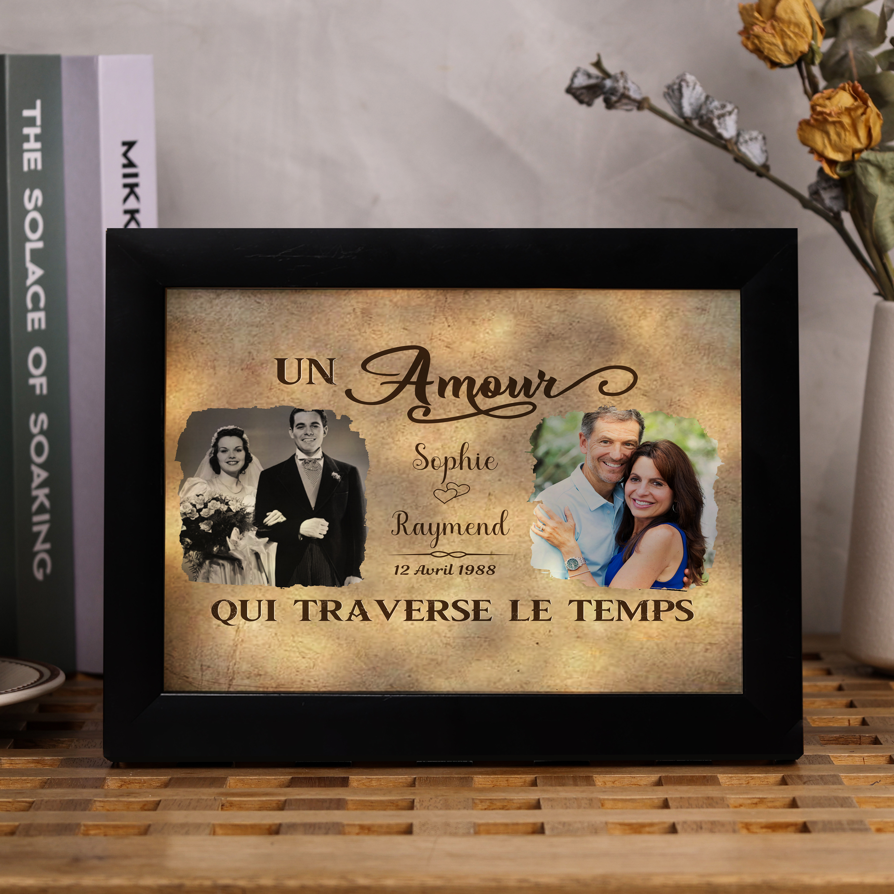 Cadre Photo LED Couple 2 Prénoms et 2 Photos Personnalisés avec Date Cadeau Saint-Valentin | Jessemade