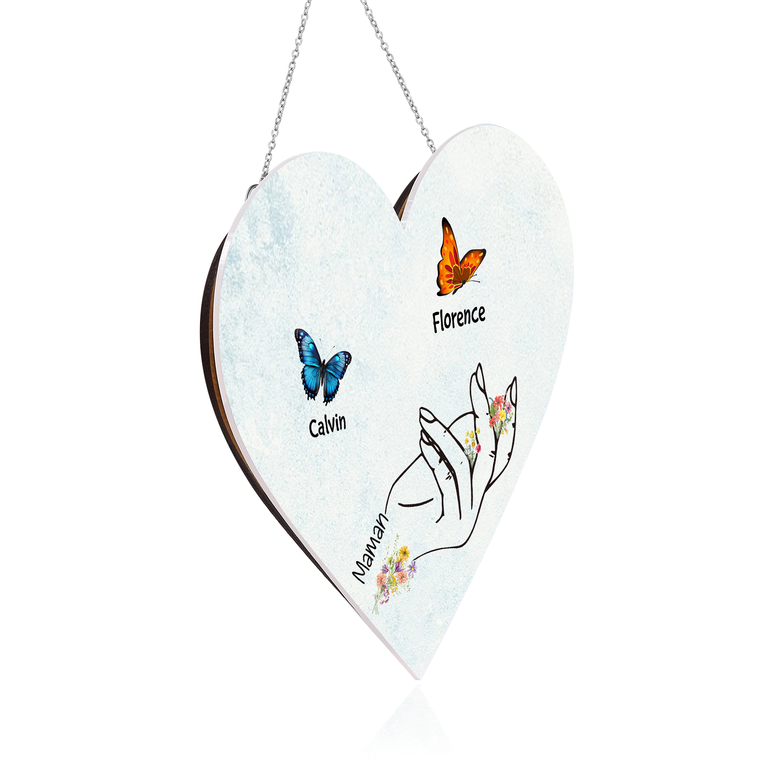 À Maman/Mamie - Veilleuse Cœur Décoration Main et Papillon 2 Prénoms Personnalisés avec 1 Texte