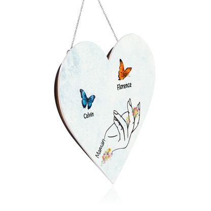 À Maman/Mamie - Veilleuse Cœur Décoration Main et Papillon 2 Prénoms Personnalisés avec 1 Texte