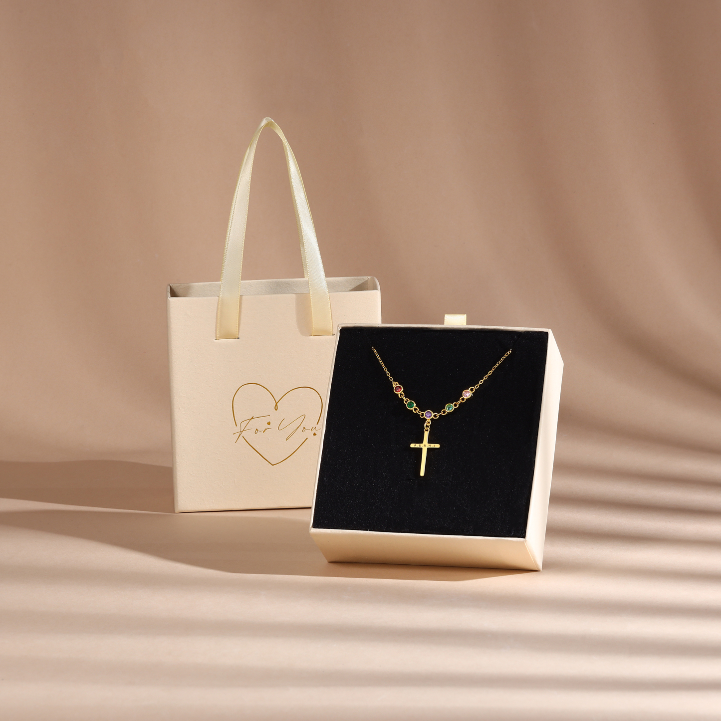 Collier Croix 2 Pierres de Naissance Personnalisés avec Texte Collier pour Femmes