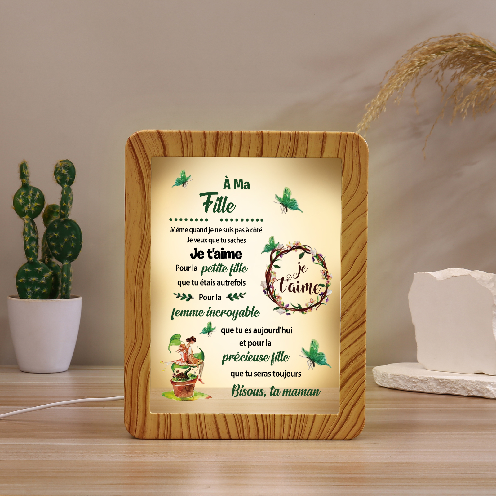 À ma Fille - Cadre Photo/Miroir LED multifonctionnel Cadeau de Maman pour Fille