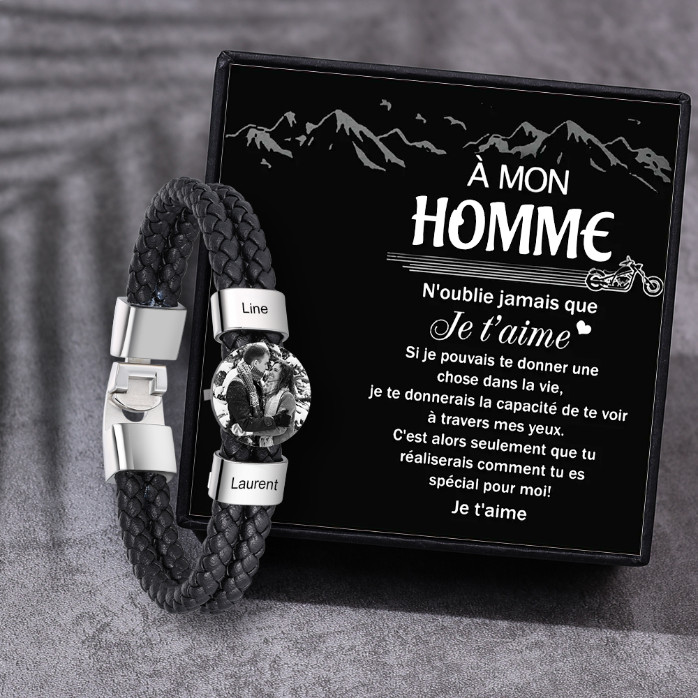 Jessemade FR À Mon Homme - Bracelet en Cuir 2 Prénoms Personnalisés avec Photo