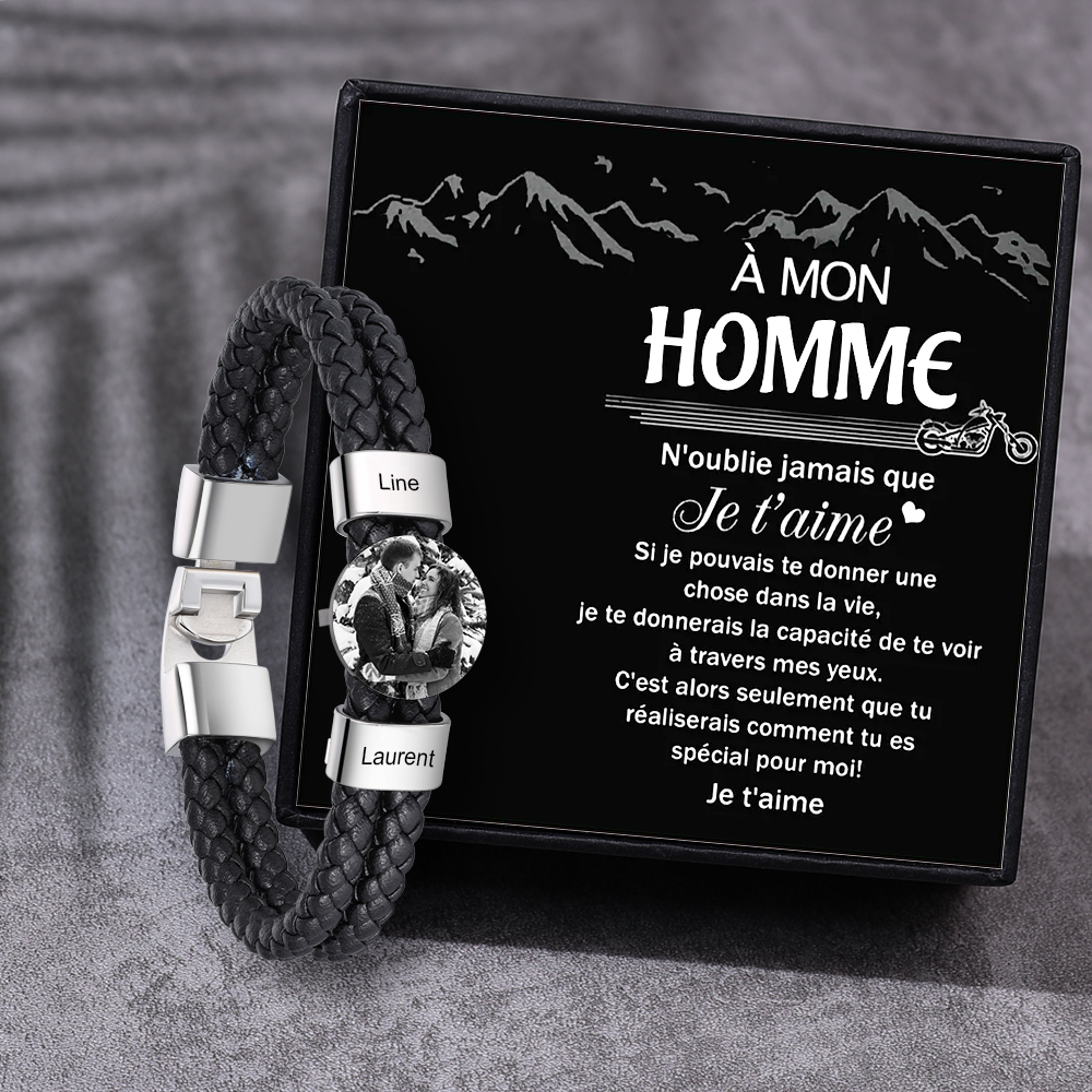 Jessemade FR À Mon Homme - Bracelet en Cuir 2 Prénoms Personnalisés avec Photo