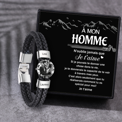 Jessemade FR À Mon Homme - Bracelet en Cuir 2 Prénoms Personnalisés avec Photo