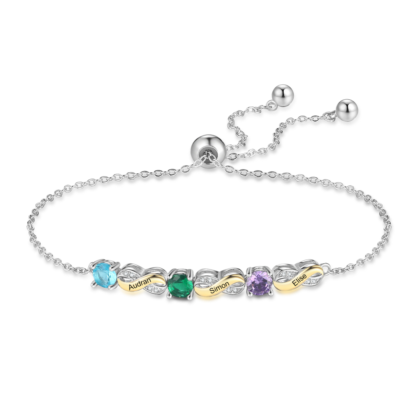 Bracelet Infini Personnalisé avec 2 à 5 Prénoms et Pierres de Naissance – Cadeau pour maman, famille et amie | Jessemade
