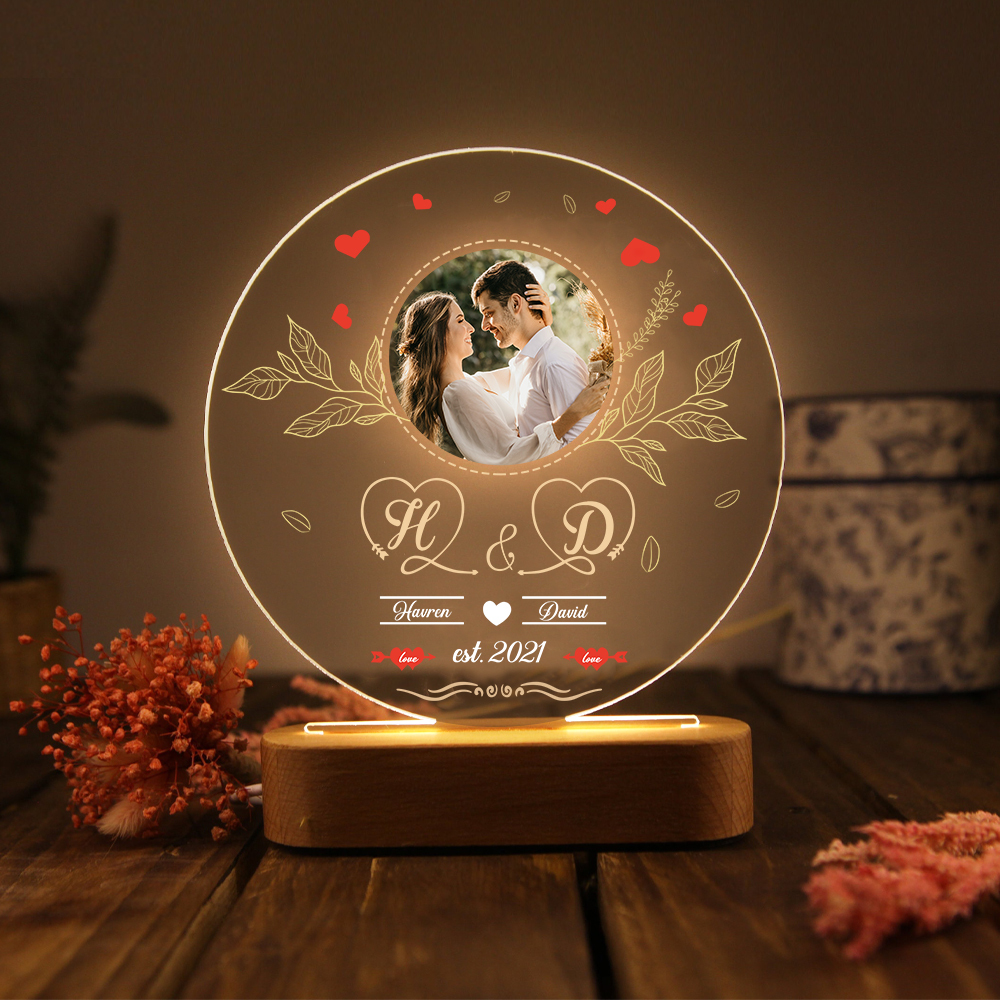 Lampe de chevet Couple LED Lumières 2 Prénoms et 2 Lettres Personnalisés avec Date et Photo