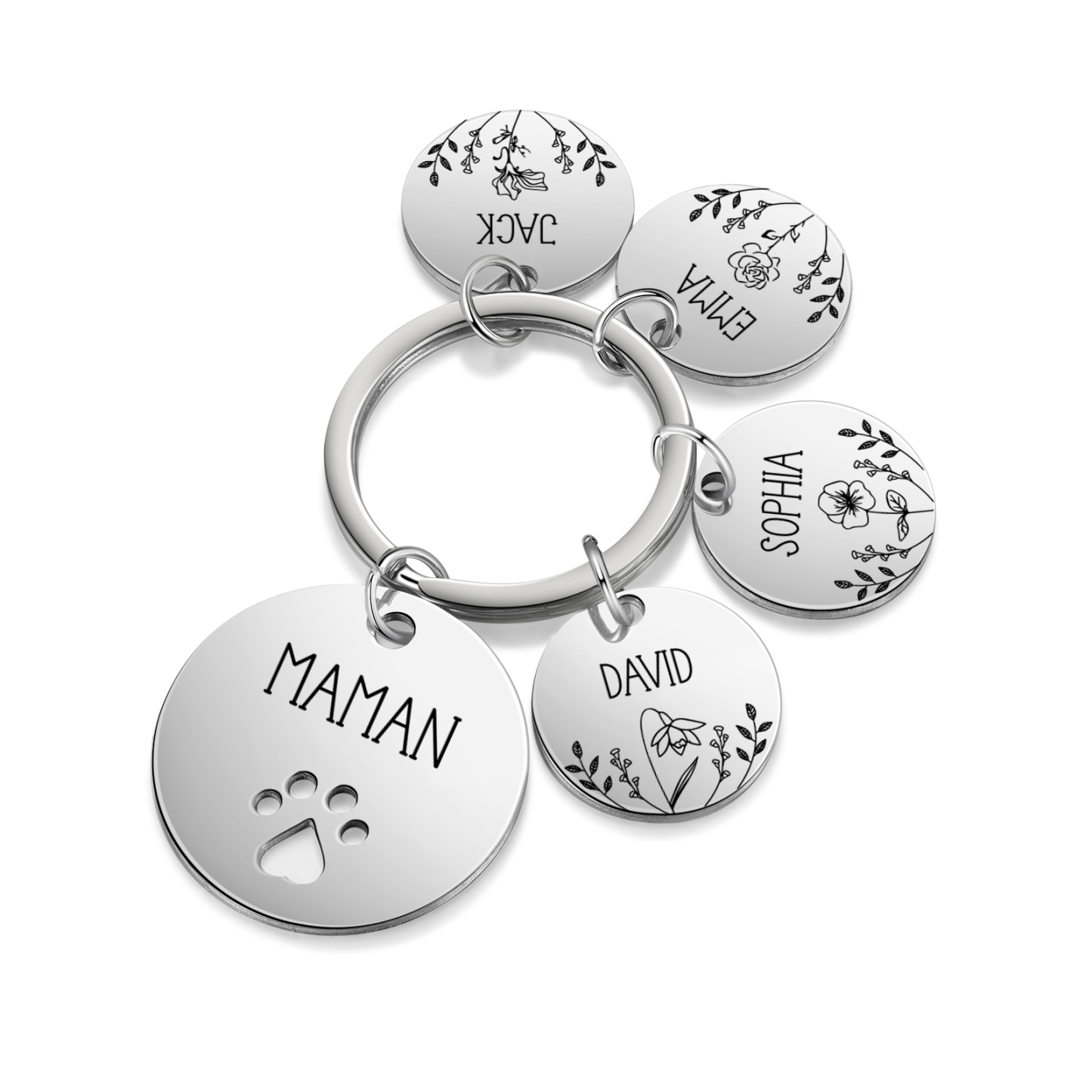 Porte-Clés patte 4 Prénoms et 1 Texte Personnalisés avec Fleur de Naissance