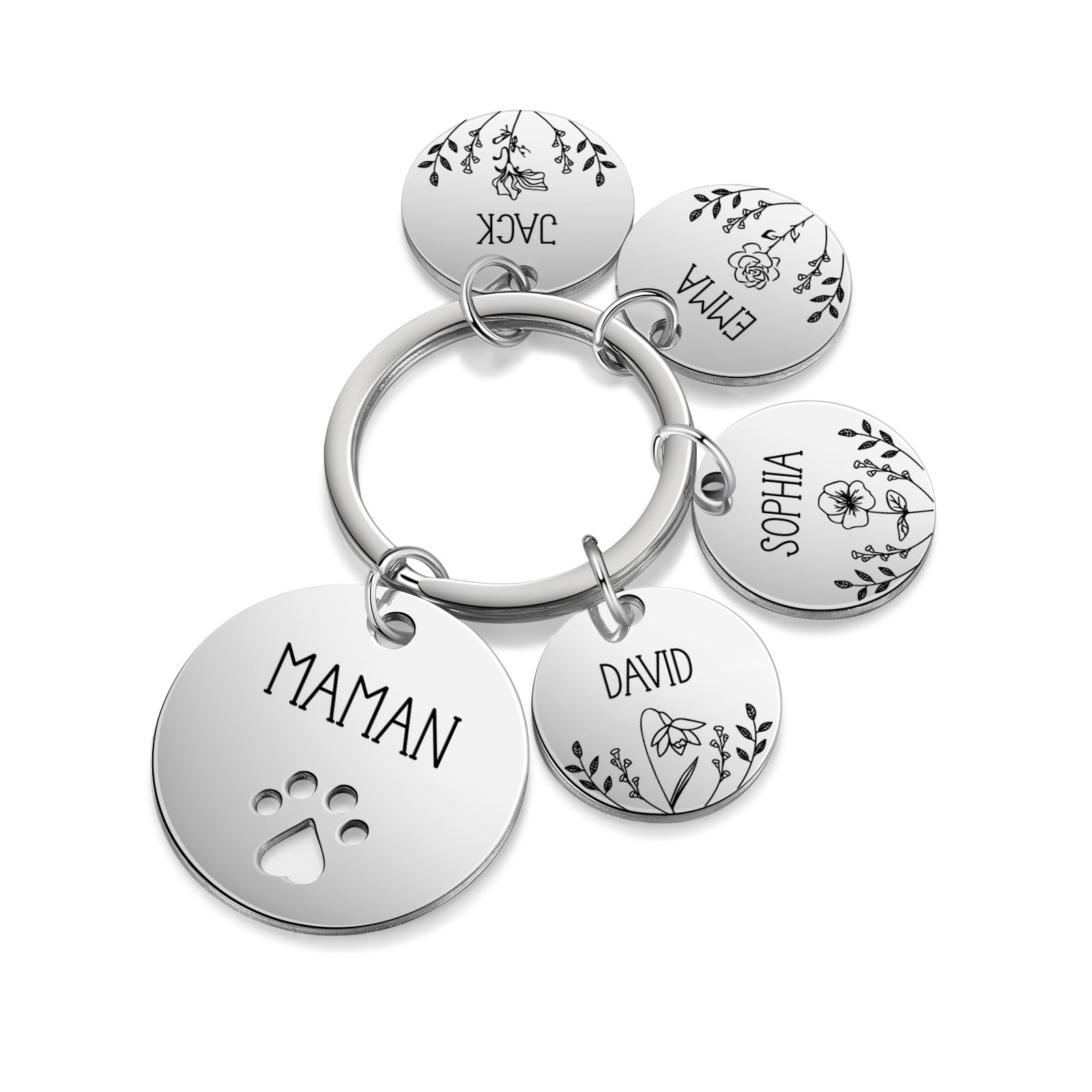 Porte-Clés patte 4 Prénoms et 1 Texte Personnalisés avec Fleur de Naissance