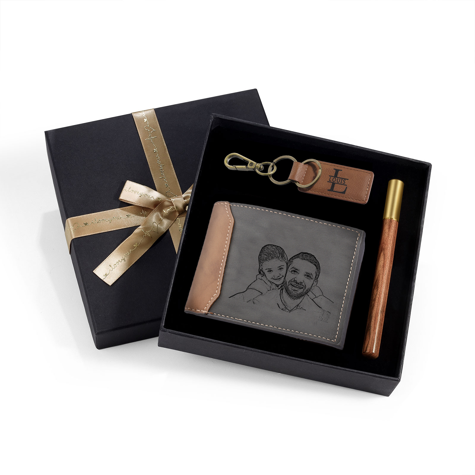 Coffret Cadeau 3PCS - Portefeuille classique Porte-Clés et Stylo 1 Prénom et Lettre Personnalisés avec 1 Photo Date et TexteCoffret Cadeau pour Homme