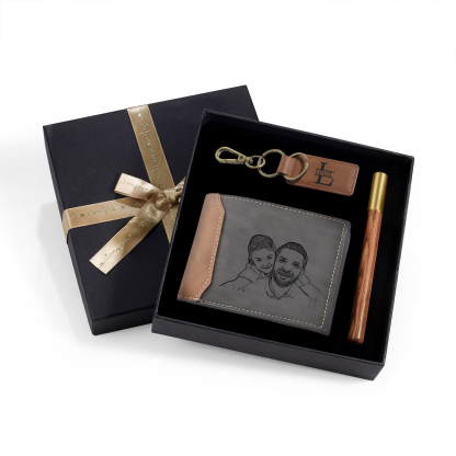 Coffret Cadeau 3PCS - Portefeuille classique Porte-Clés et Stylo 1 Prénom et Lettre Personnalisés avec 1 Photo Date et TexteCoffret Cadeau pour Homme