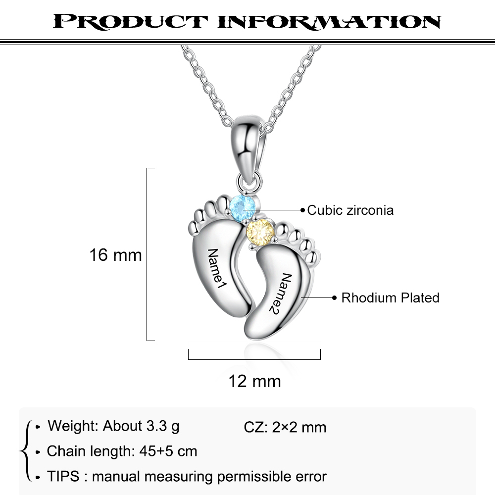 Collier 2 Prénom Personnalisé pied bebe avec pierre de naissance