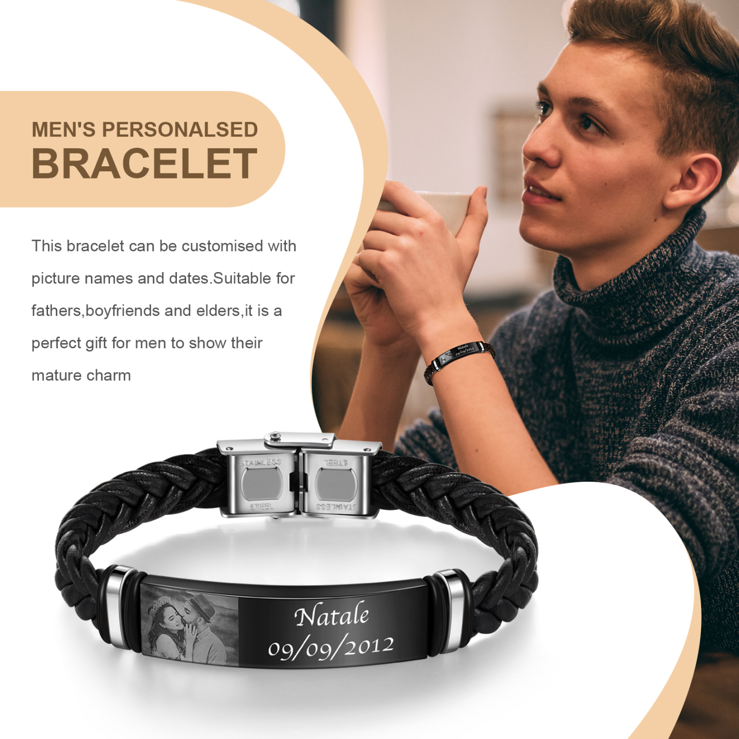 Bracelet Prénom et Photo Personnalisés avec Date pour Homme