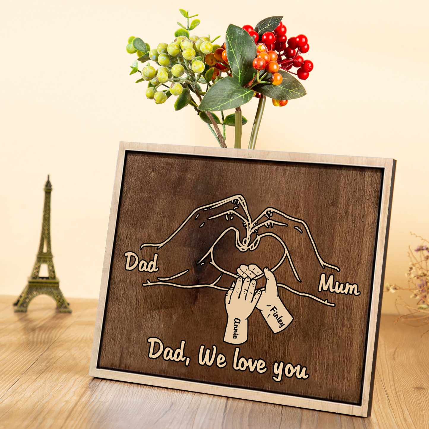 À Papi/Mamie- Cadre en Bois la Main dans la Main 4 Prénoms Personnalisés avec Texte Cadeau pour Famille