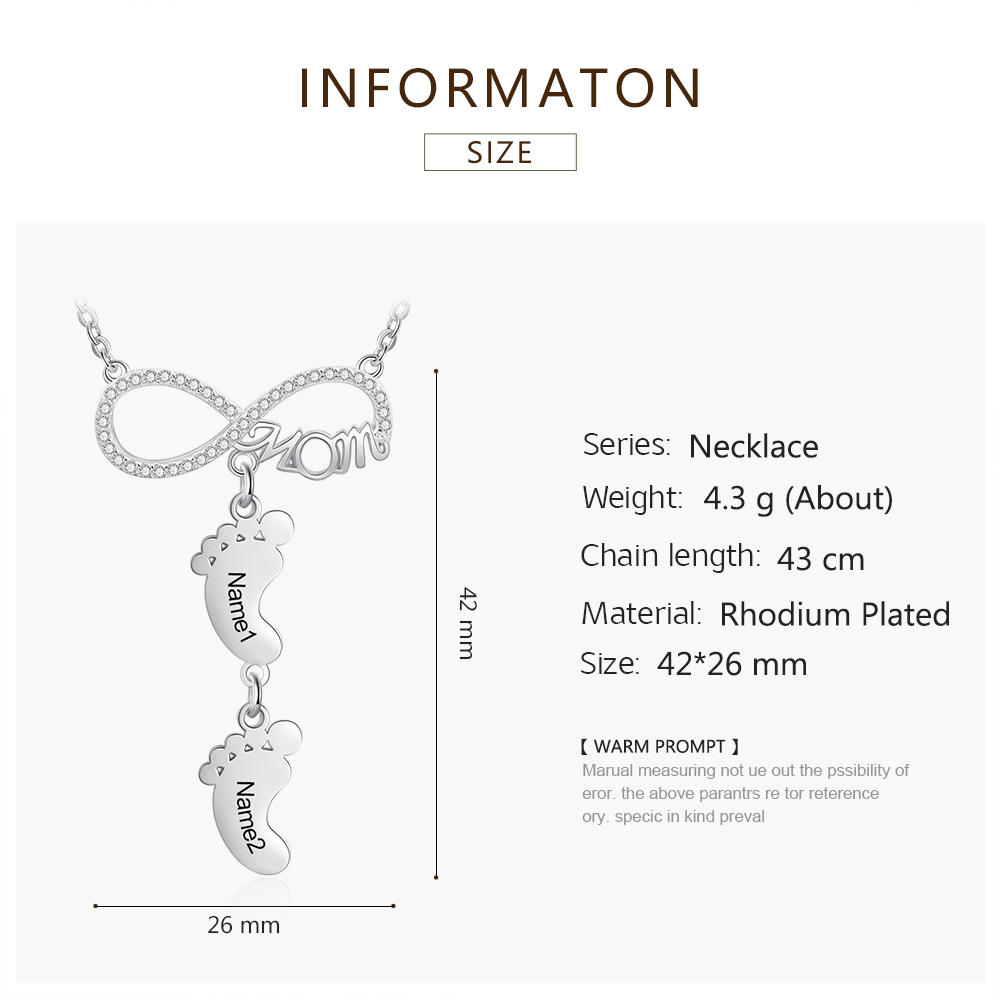 Collier Pieds Bébé 2 Prénoms Personnalisés Collier Infini pour Maman