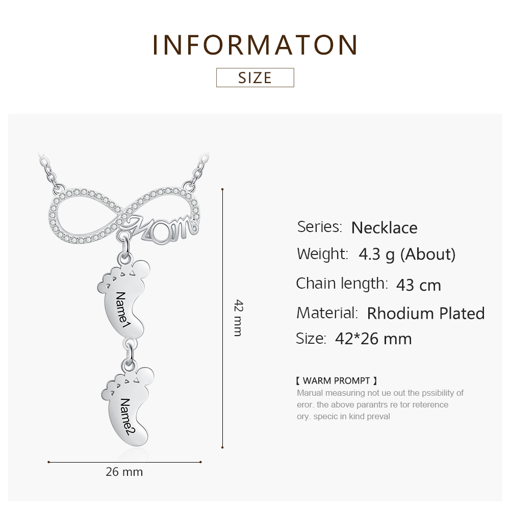 Collier Pieds Bébé 2 Prénoms Personnalisés Collier Infini pour Maman