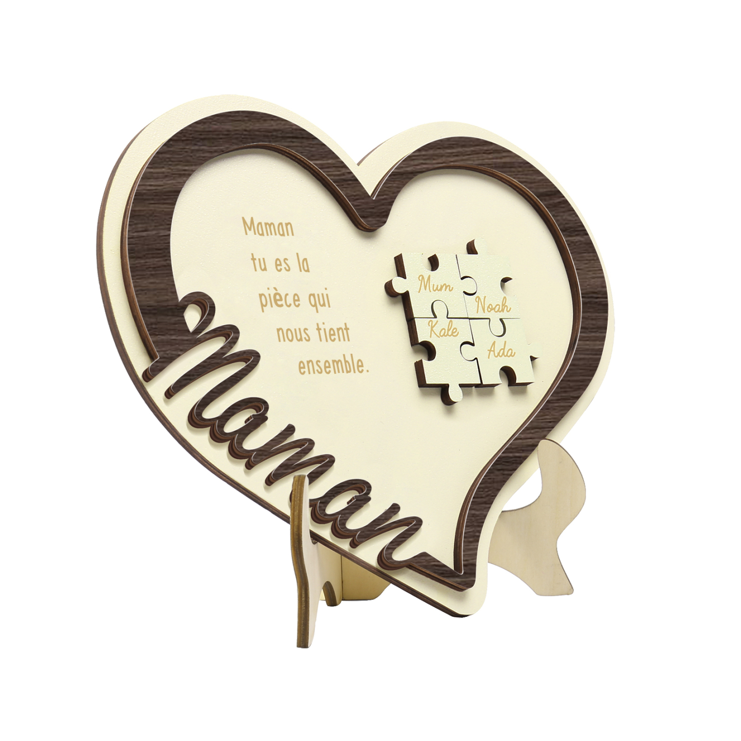 À ma Maman - Décoration en bois Cœur Puzzle 4 Prénoms Personnalisés Ornement pour Famille