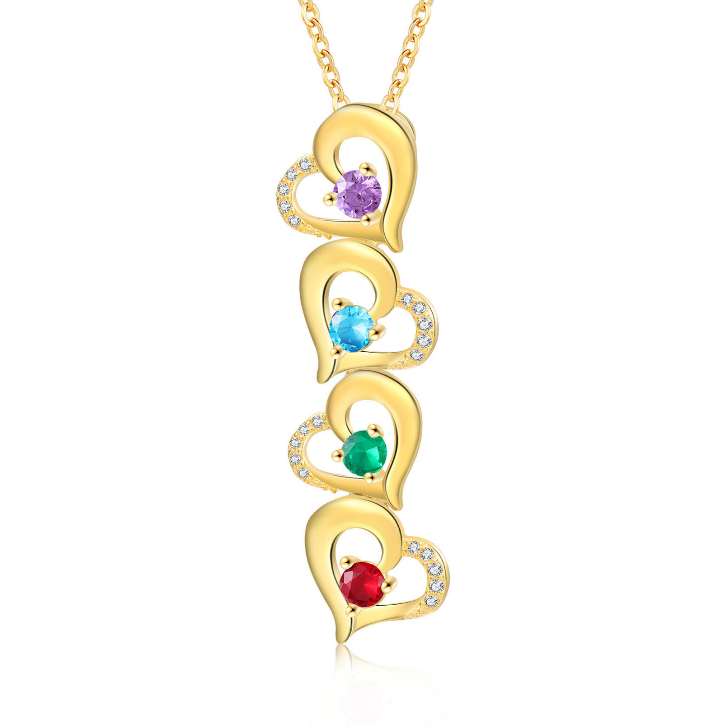 Collier Pendentif Cœur 4 Prénoms Personnalisés avec Pierre de naissance pour Femmes