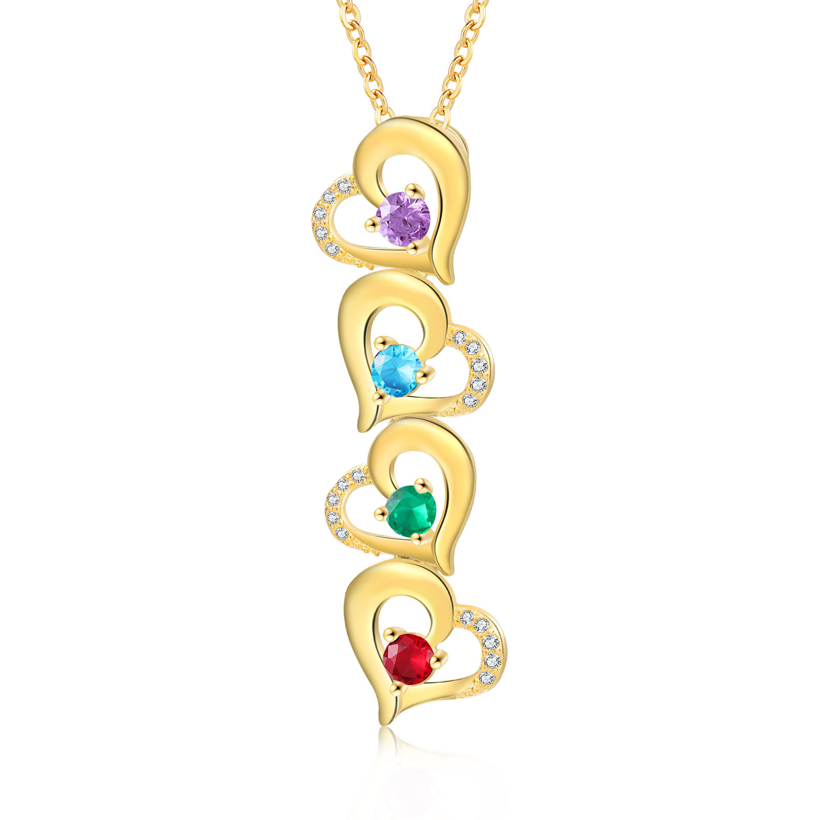 Collier Pendentif Cœur 4 Prénoms Personnalisés avec Pierre de naissance pour Femmes
