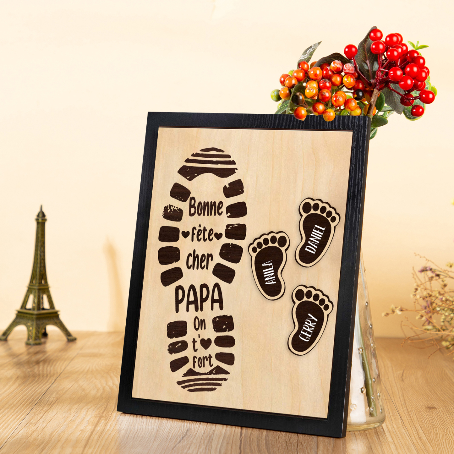 À Mon Papa-Cadre en Bois Pieds Bébé 3 Prénoms Personnalisés