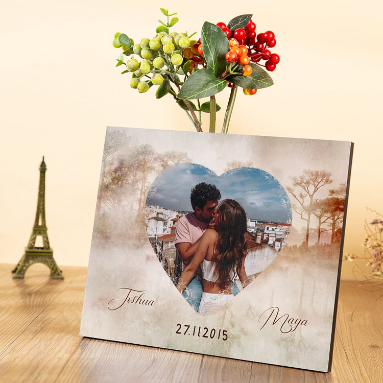 Cadre en Bois 2 Prénoms Personnalisés avec Photo et Date pour Couple Cadeau Saint Valentin