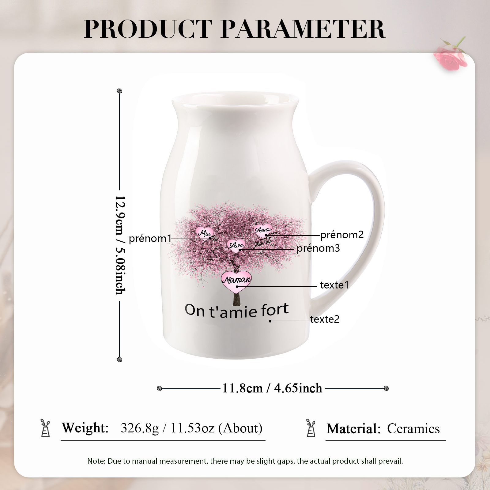 Vase à Fleurs Arbre 3 Prénoms Personnalisés avec 2 Textes Décoration de la Maison