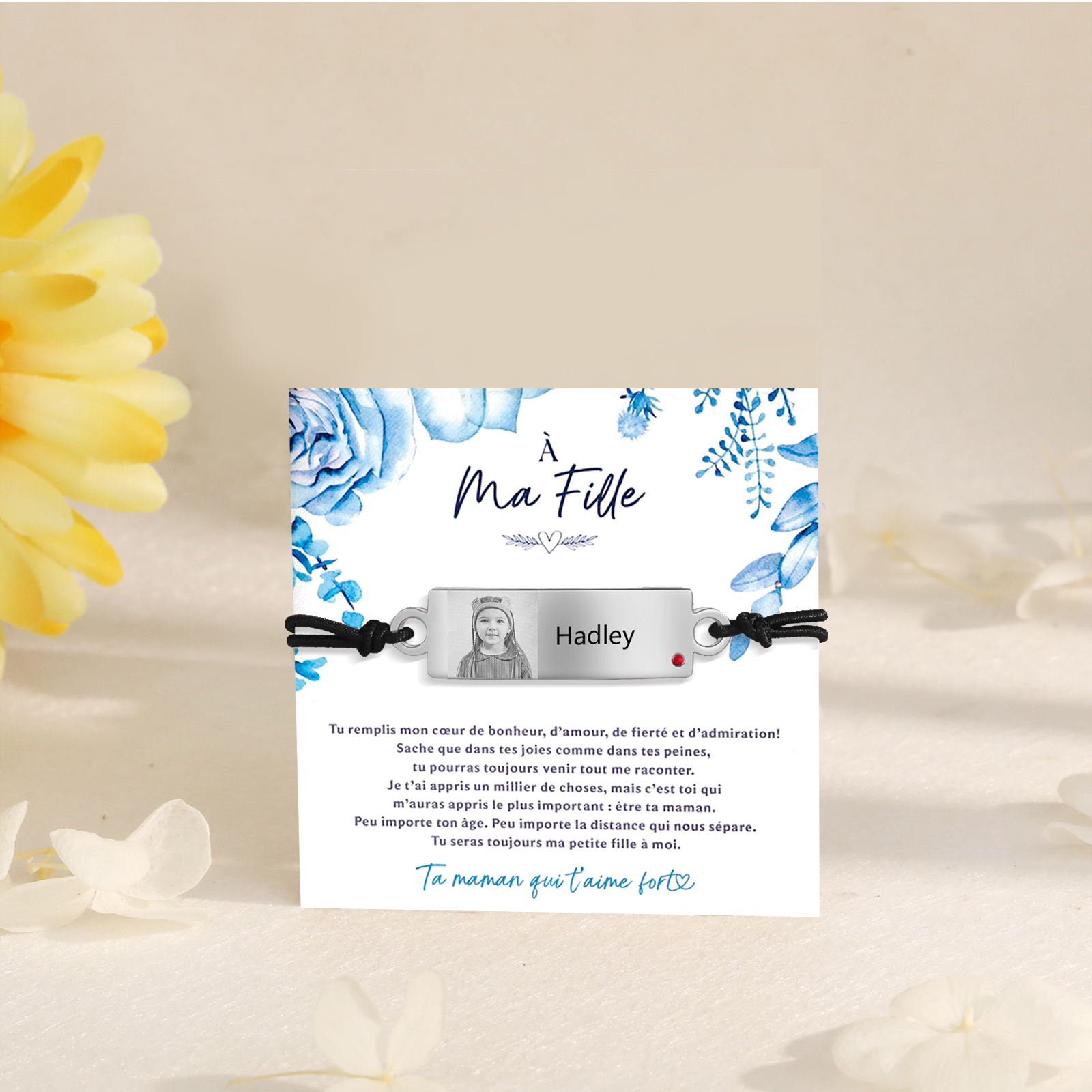 À Ma Fille - Bracelet Prénom et Photo Personnalisés avec Pierre de Naissance Corde élastiques - Cadeau Rentrée Scolaire