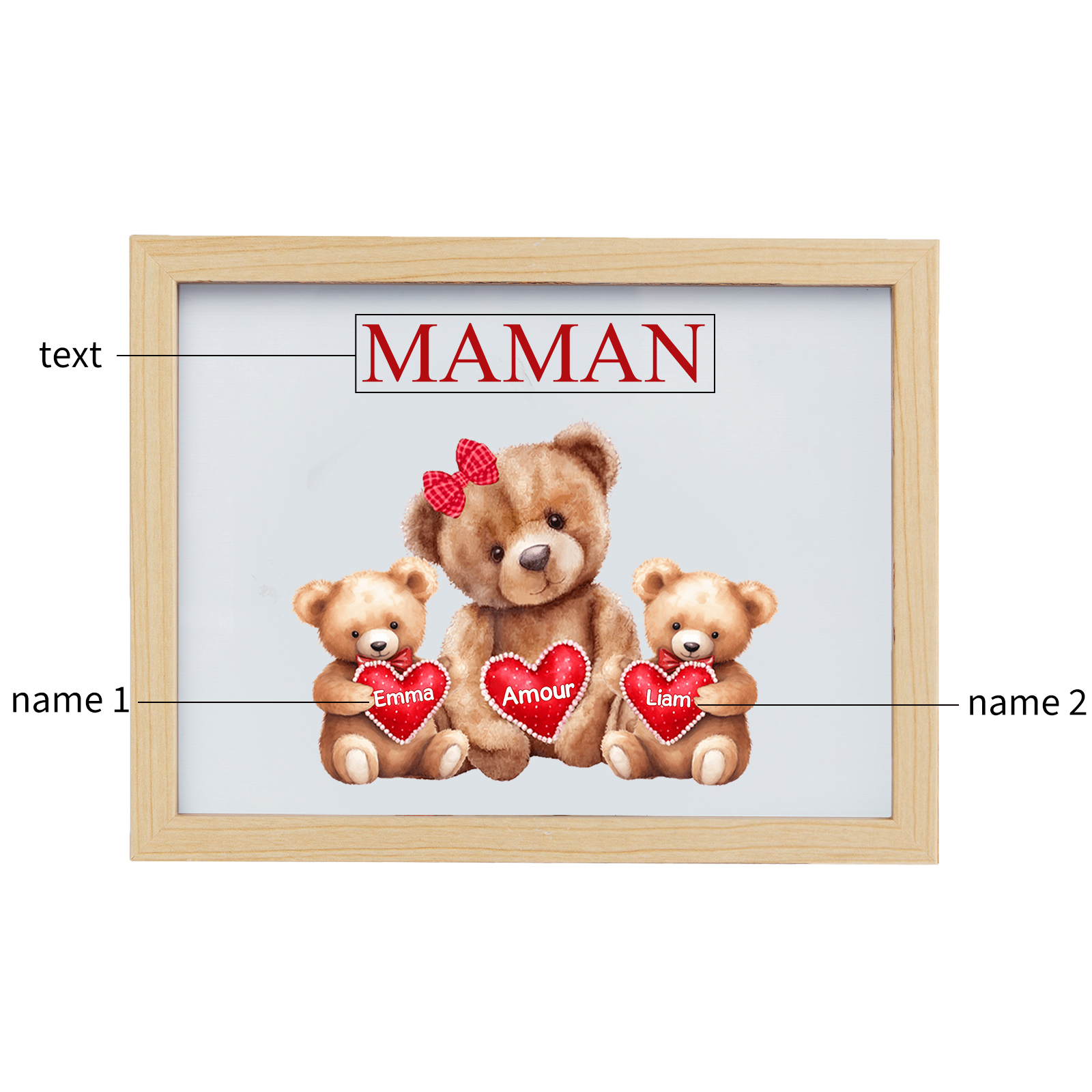 Cadre Photo LED Ours 2 Prénoms Personnalisés avec 1 Texte Décoration Famille