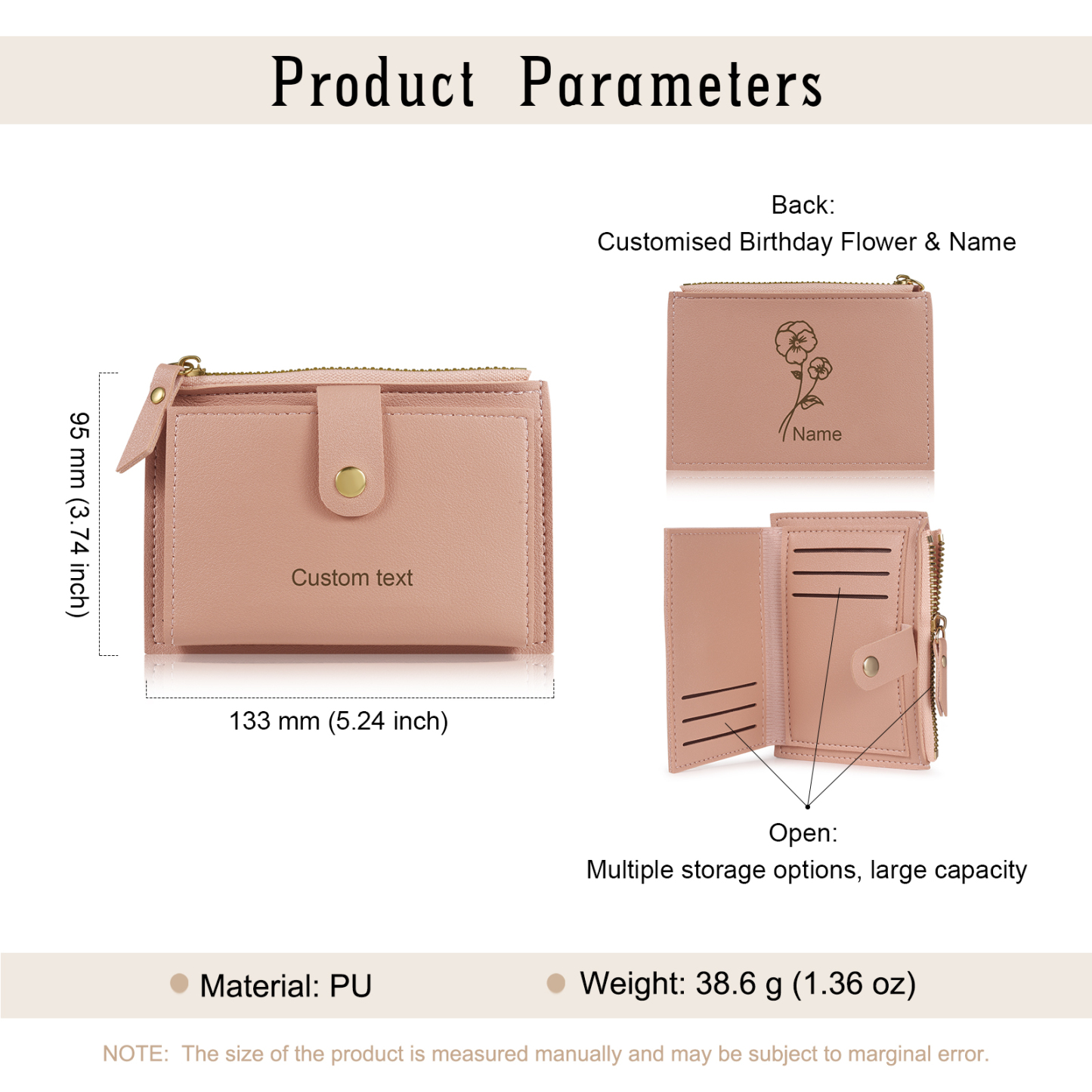 Portefeuille Femme Prénom et Texte Personnalisés avec Fleurs de naissance Porte-Monnaie Carte