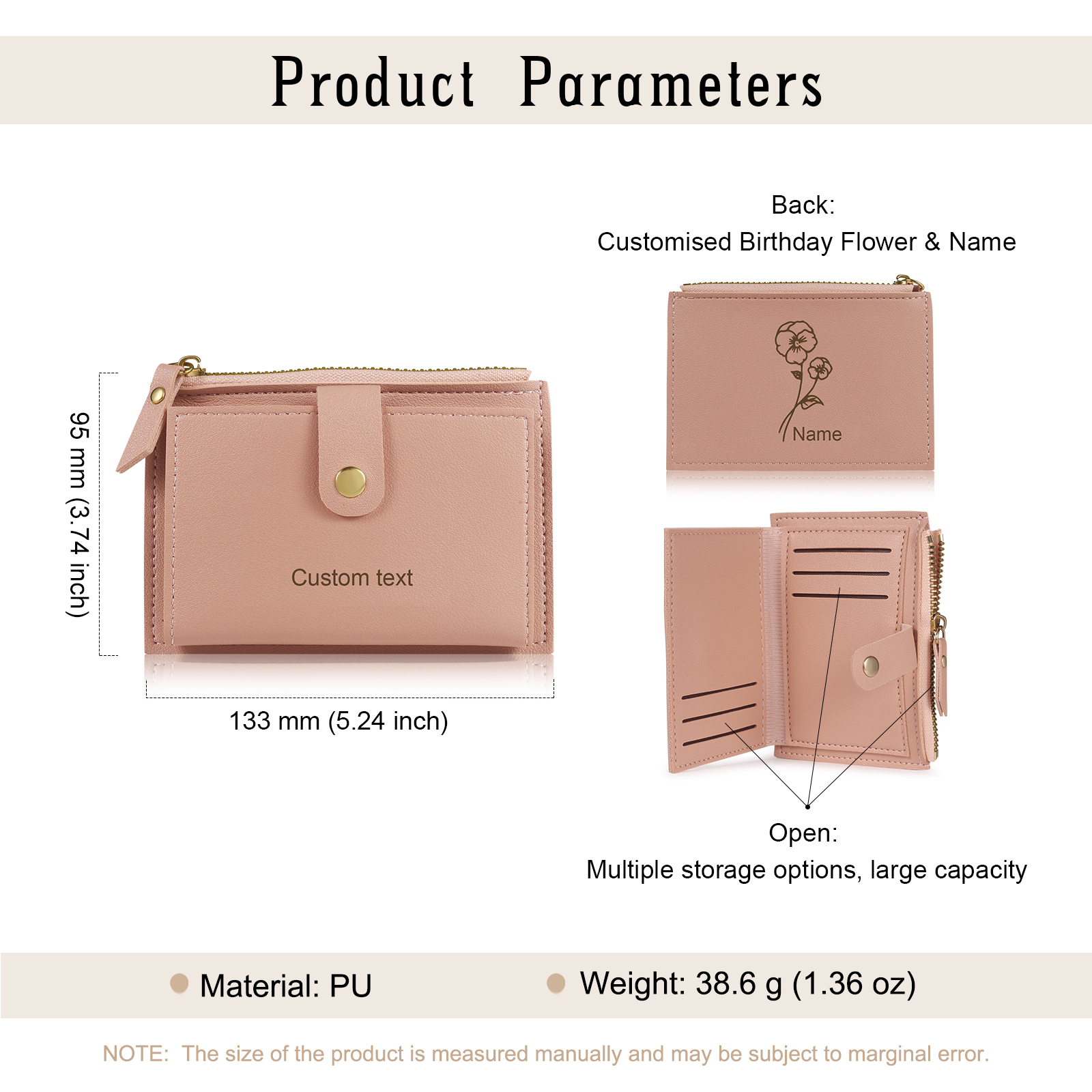 Portefeuille Femme Prénom et Texte Personnalisés avec Fleurs de naissance Porte-Monnaie Carte