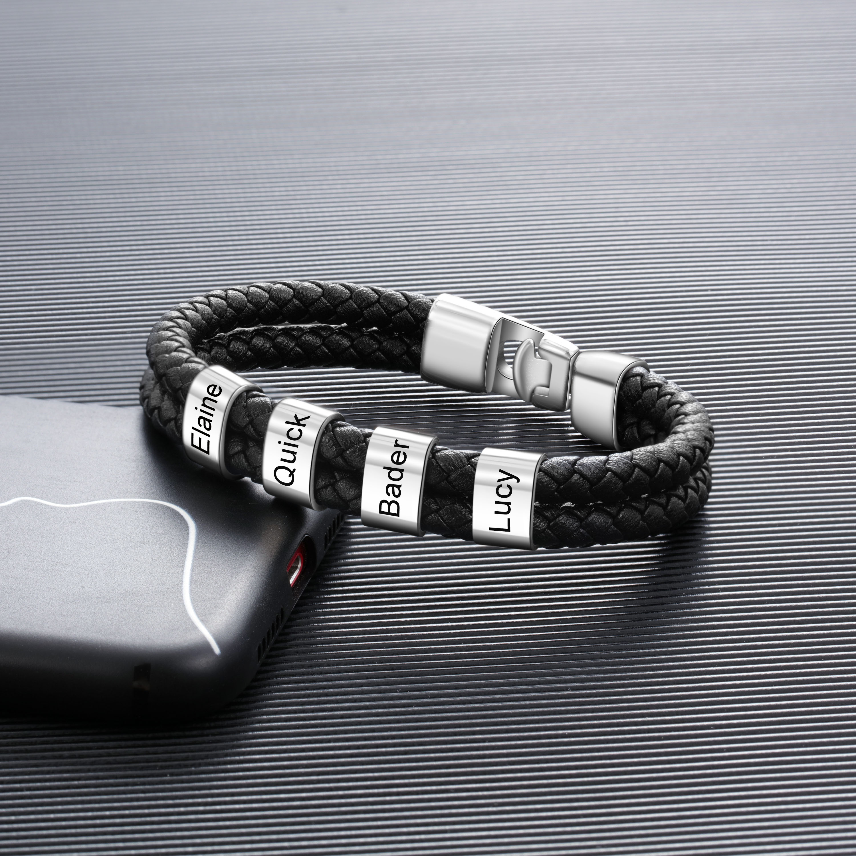 Bracelet Homme Personnalisable Cuir Et Perles Argent - Gravure De 2 à 5 Prénoms - Cadeau Père, Mari